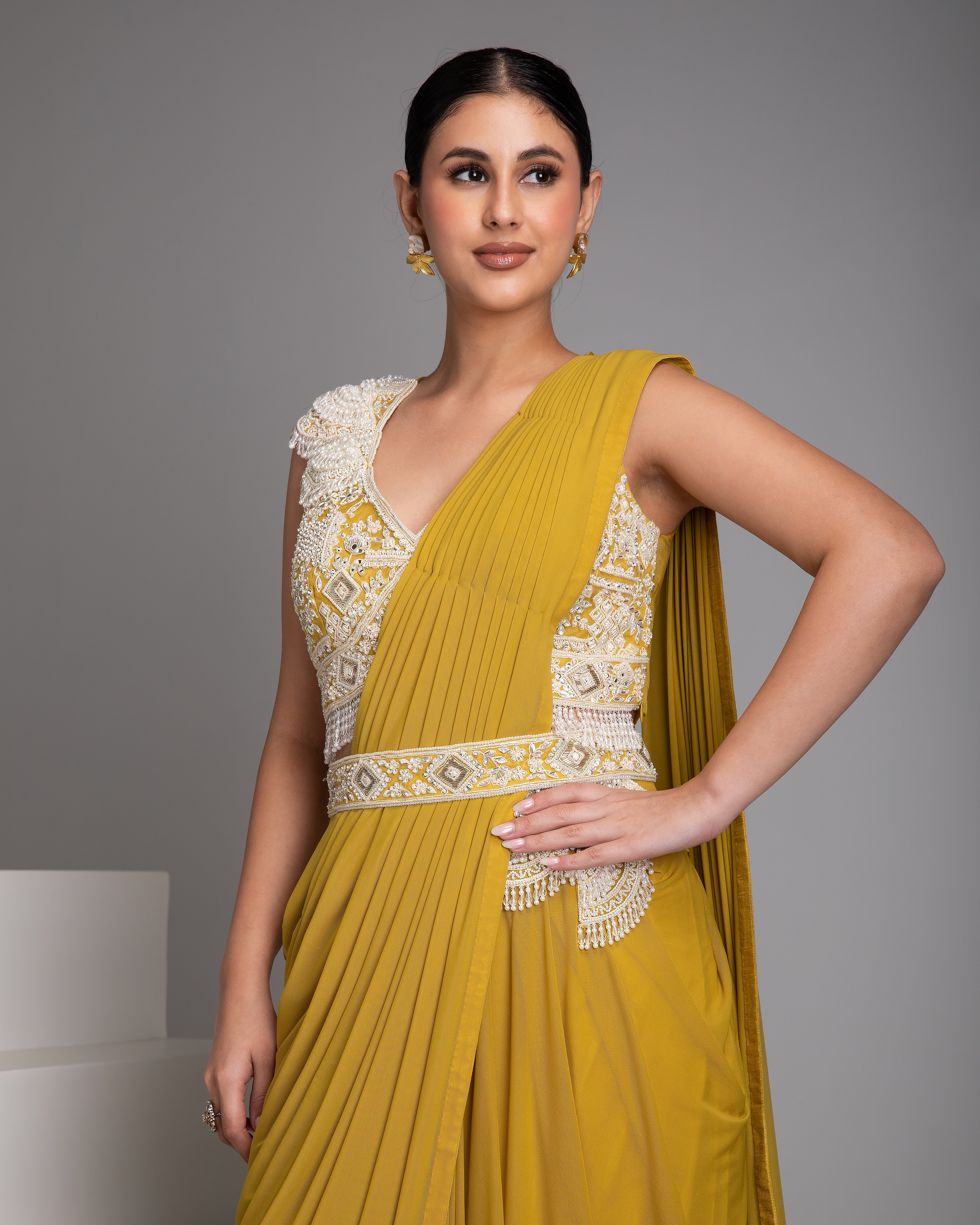 Mustard Yellow Draped Saree Set - Mokshaa