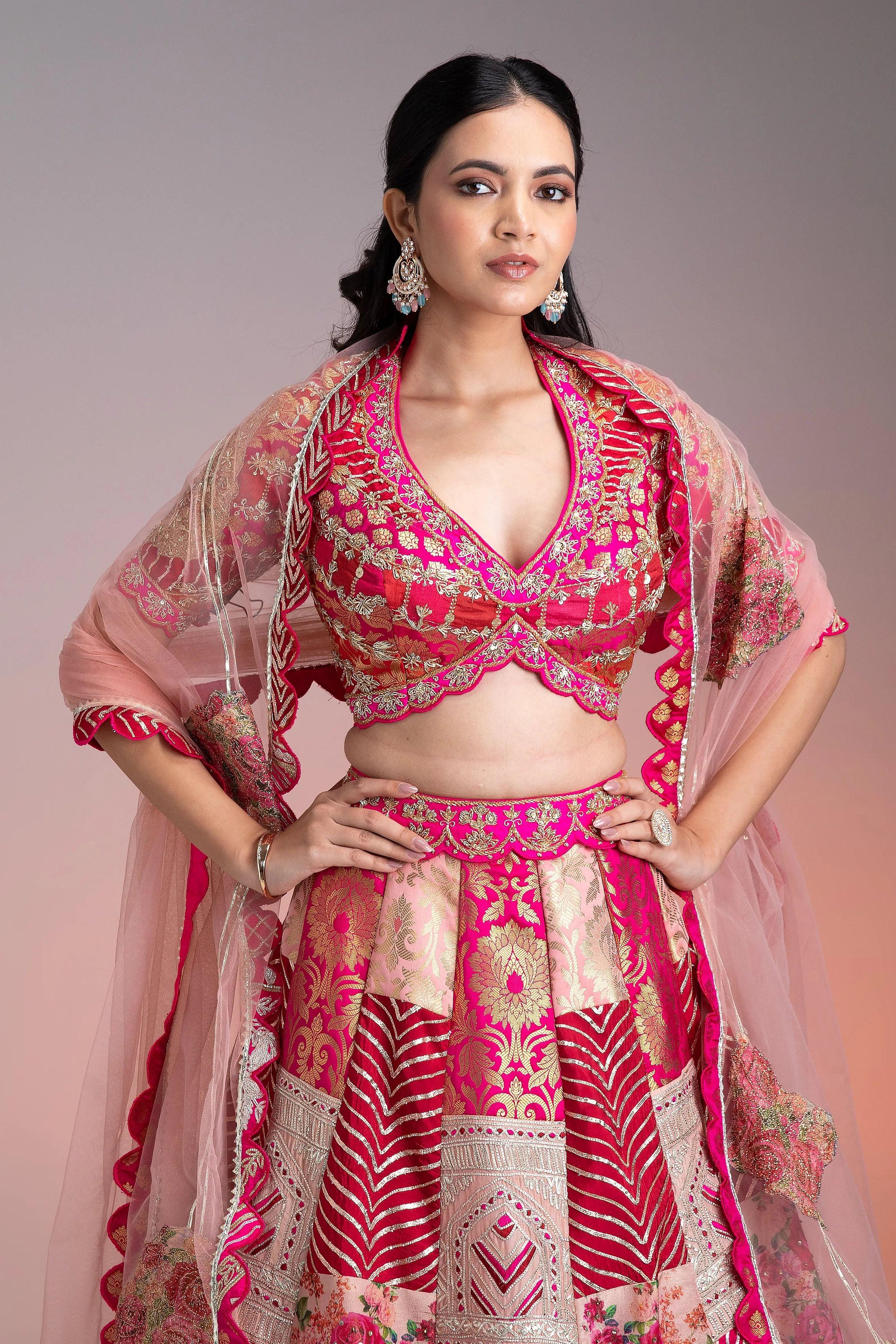 Vibrant Pink and Gold Applique Lehenga  Mokshaa