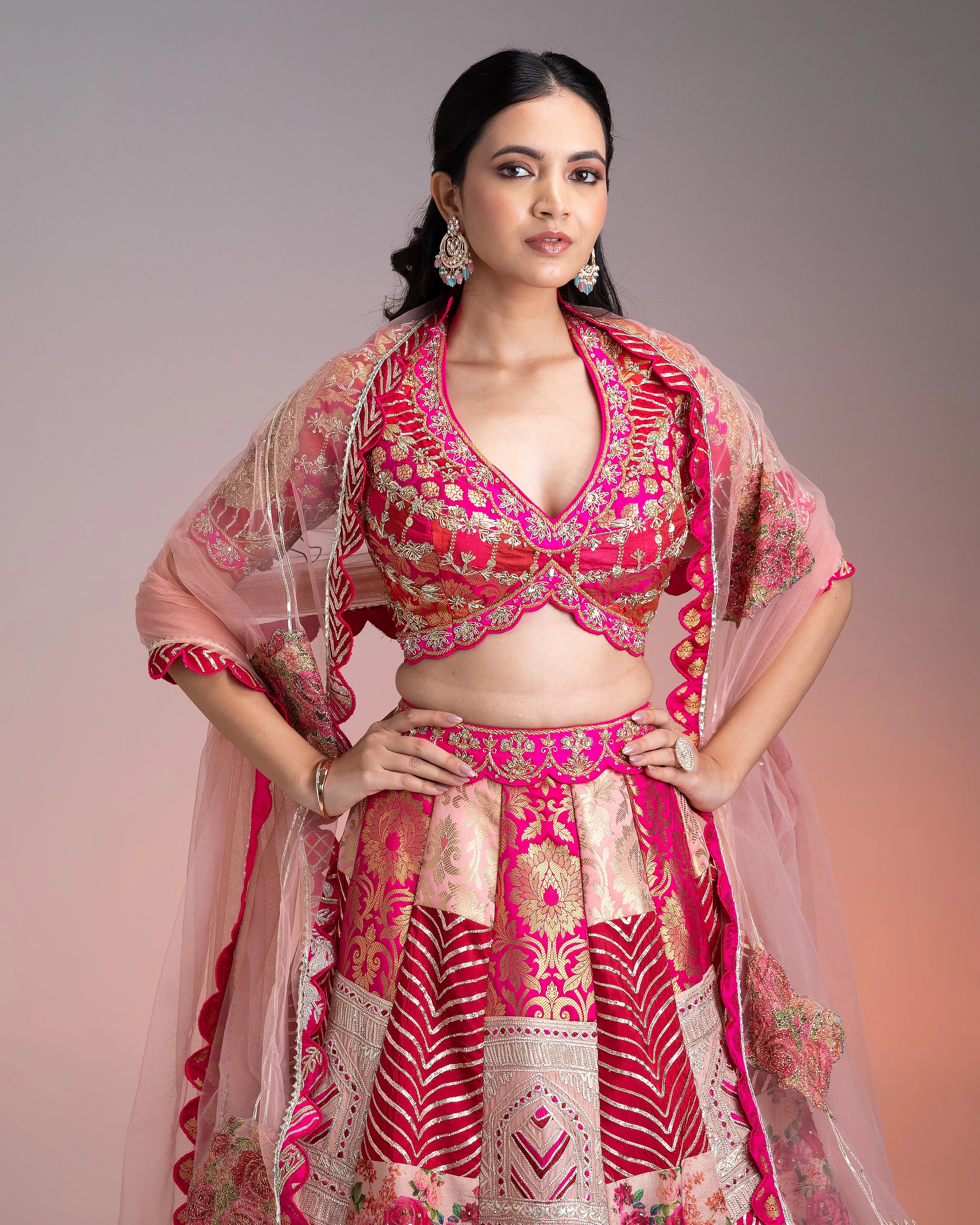 Vibrant Pink and Gold Applique Lehenga聽 Mokshaa