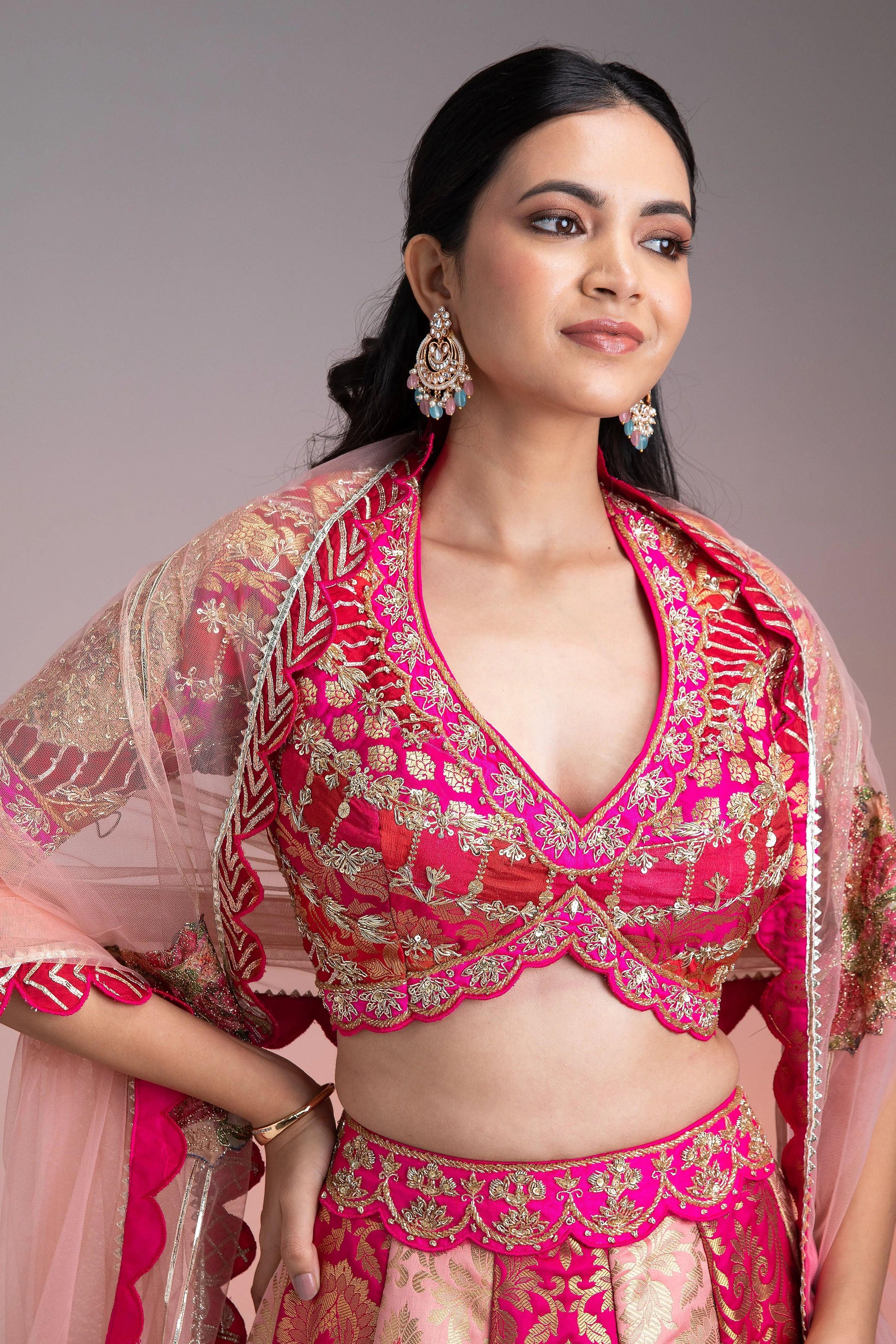 Vibrant Pink and Gold Applique Lehenga  Mokshaa