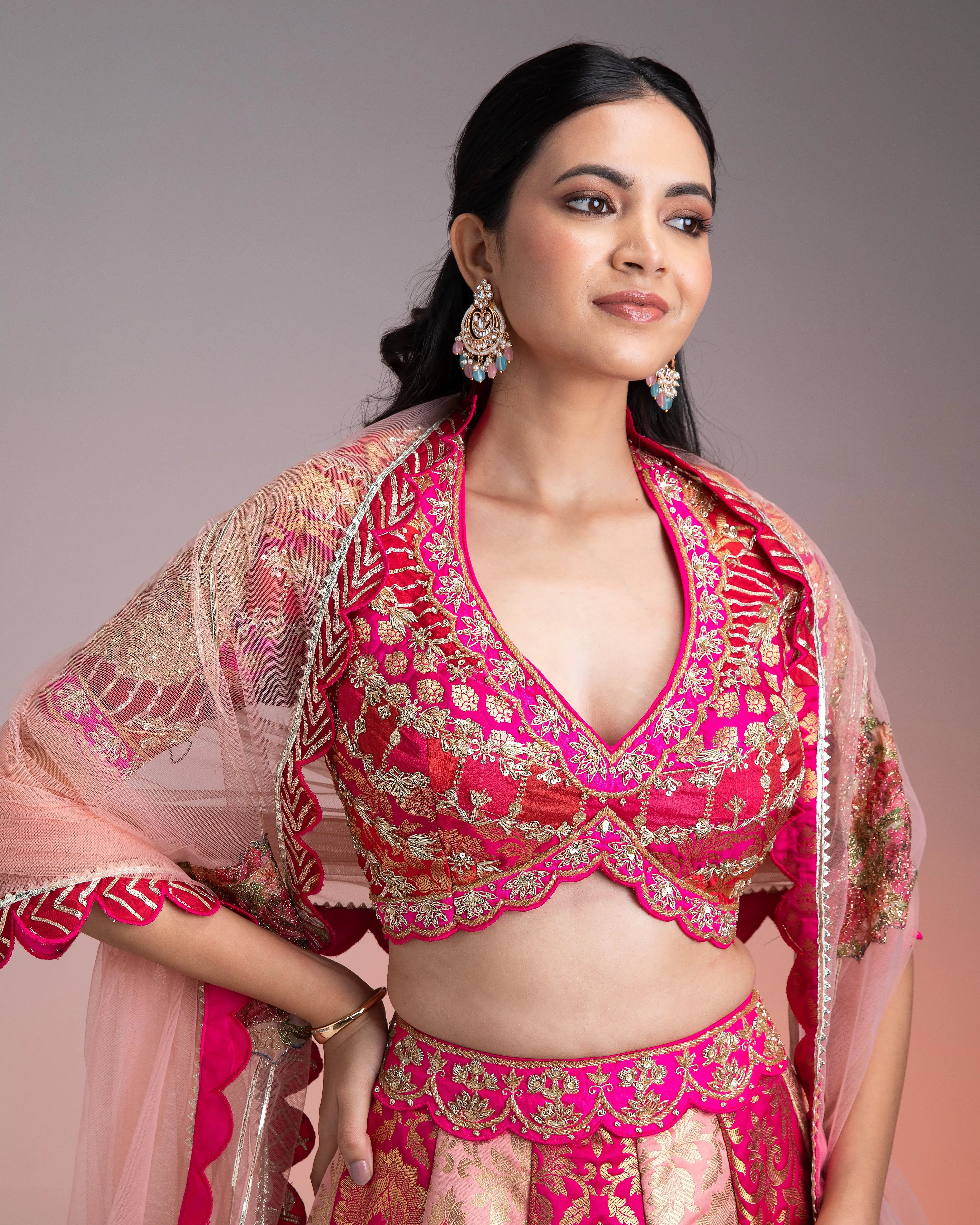 Vibrant Pink and Gold Applique Lehenga聽 Mokshaa