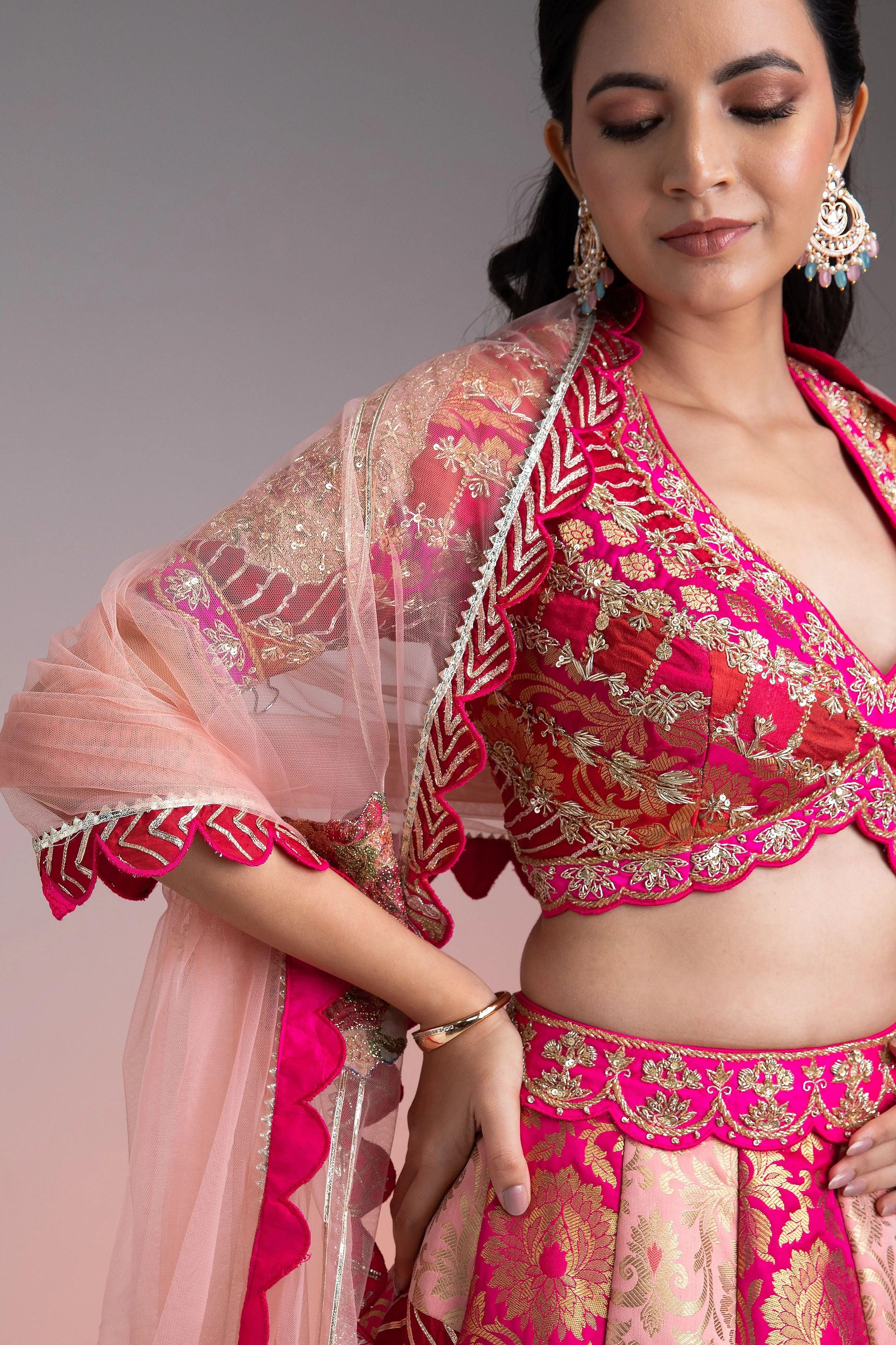Vibrant Pink and Gold Applique Lehenga  Mokshaa