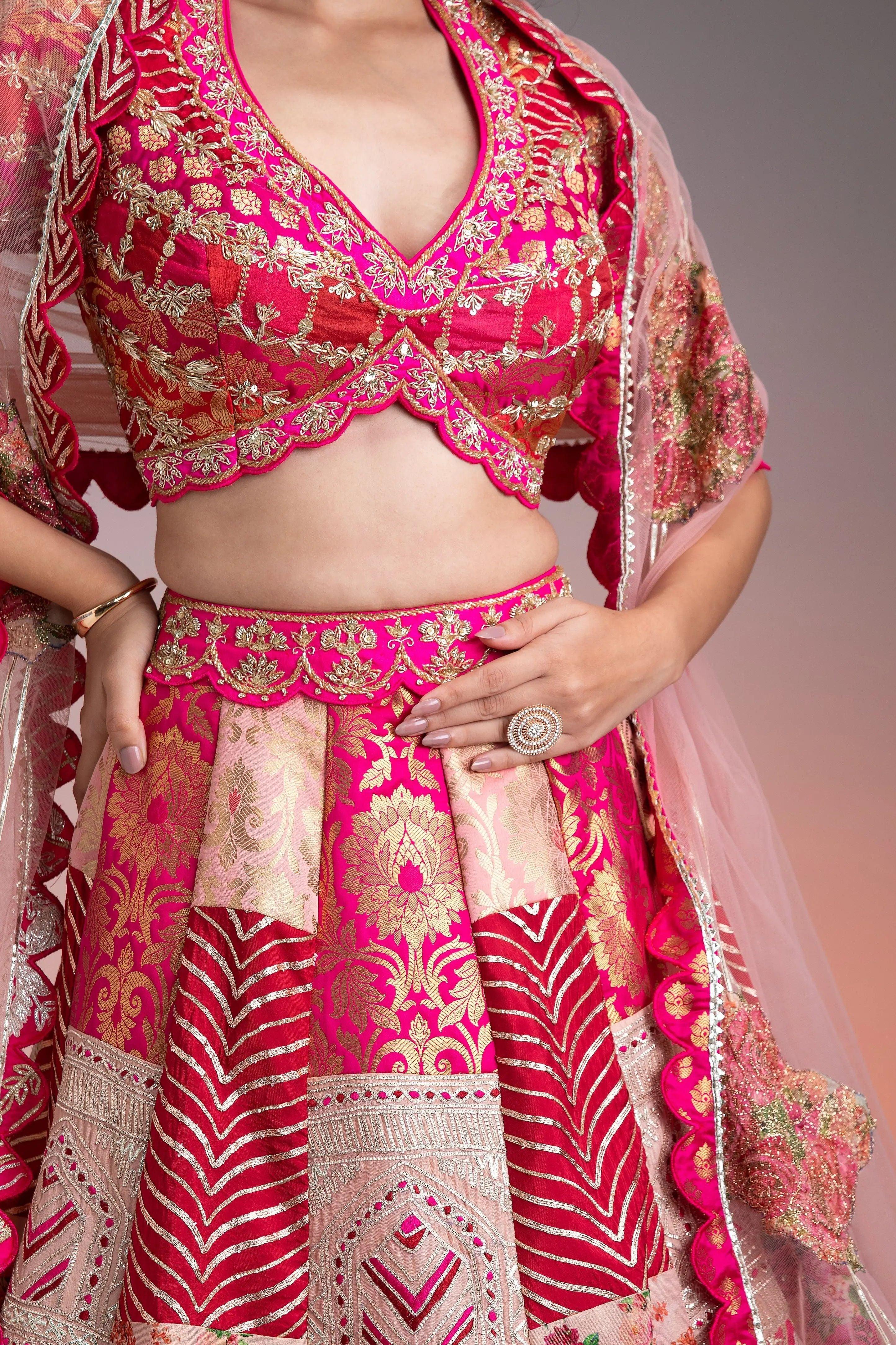 Vibrant Pink and Gold Applique Lehenga  Mokshaa