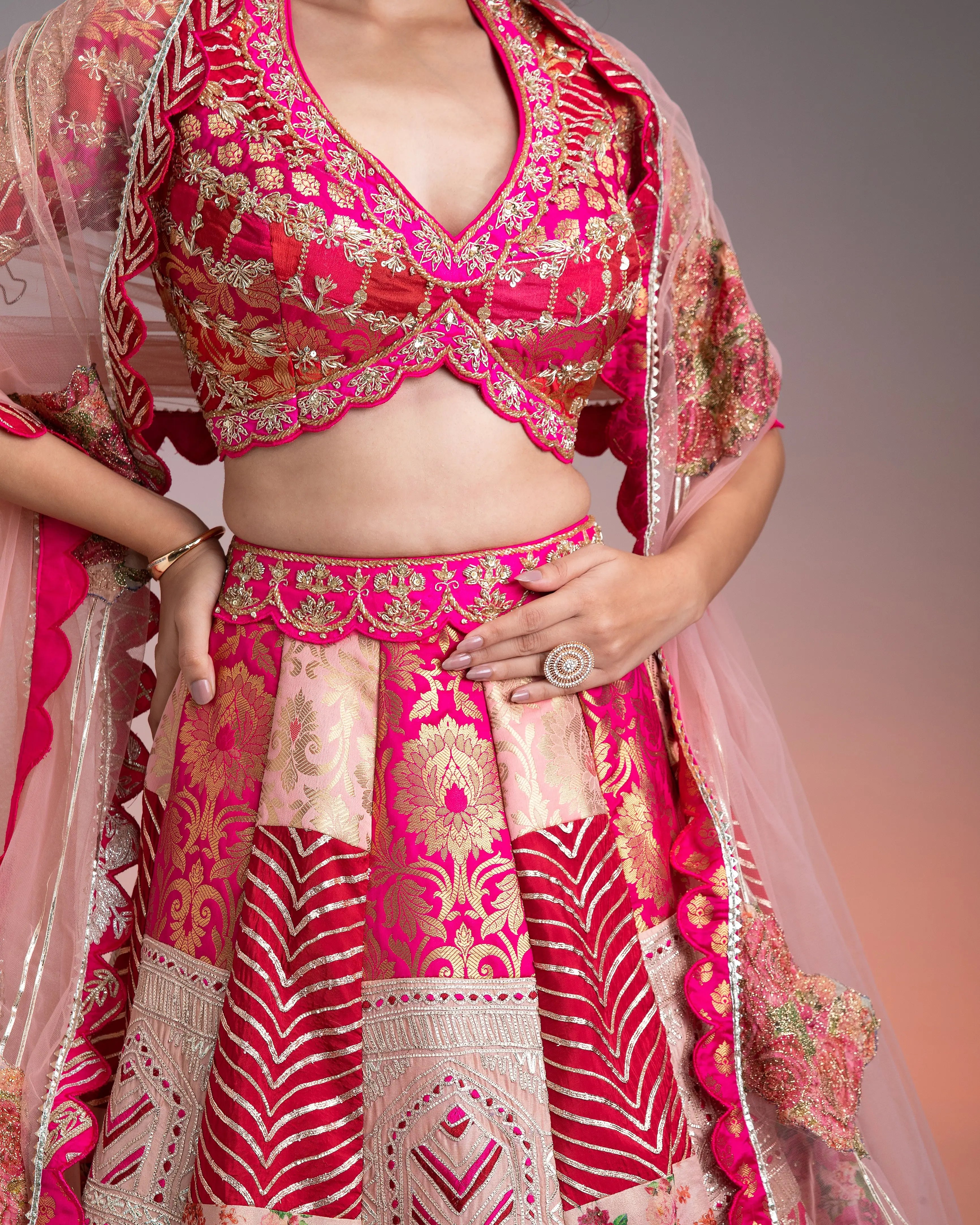 Vibrant Pink and Gold Applique Lehenga聽 Mokshaa