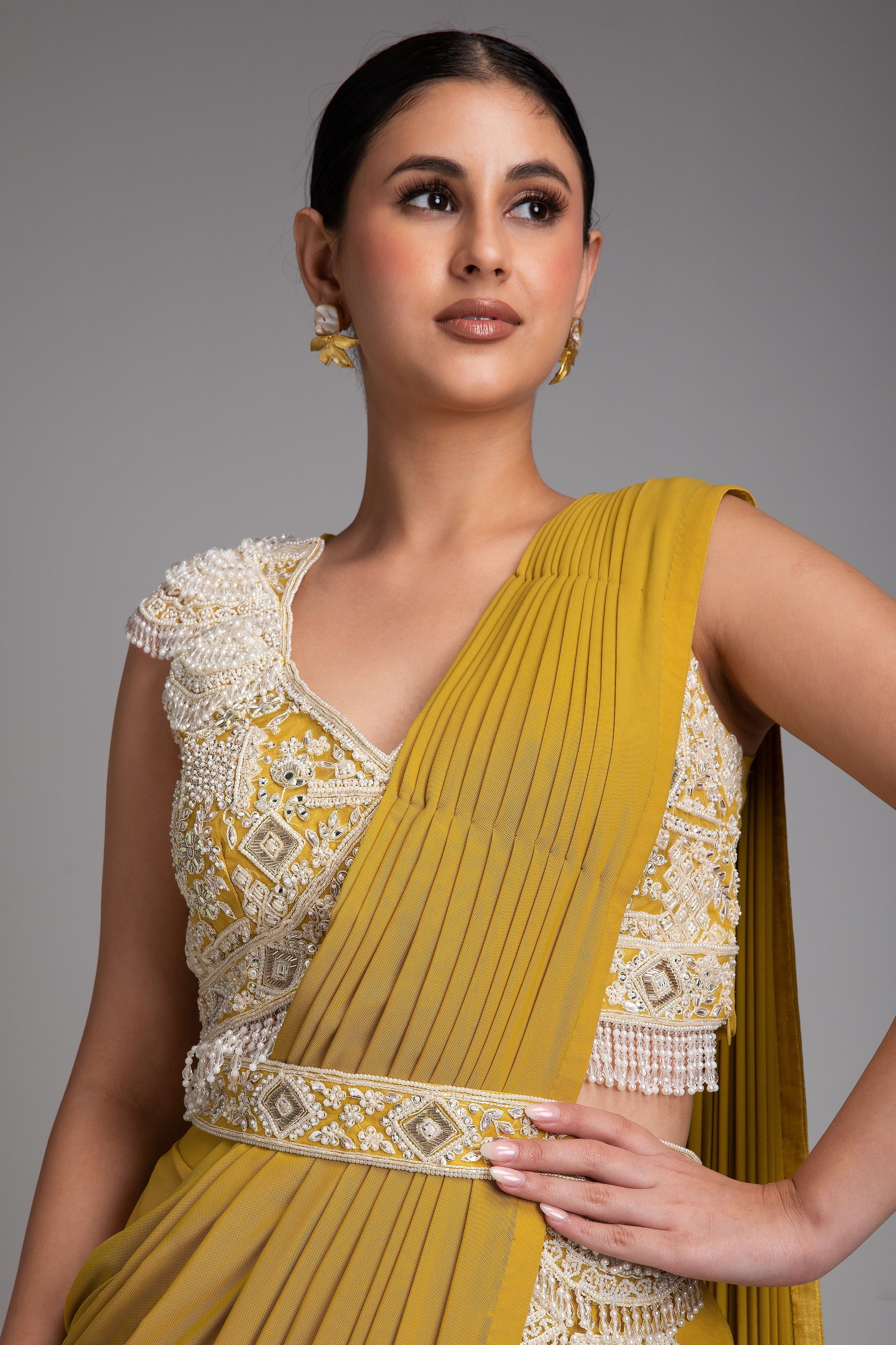 Mustard Yellow Draped Saree Set - Mokshaa