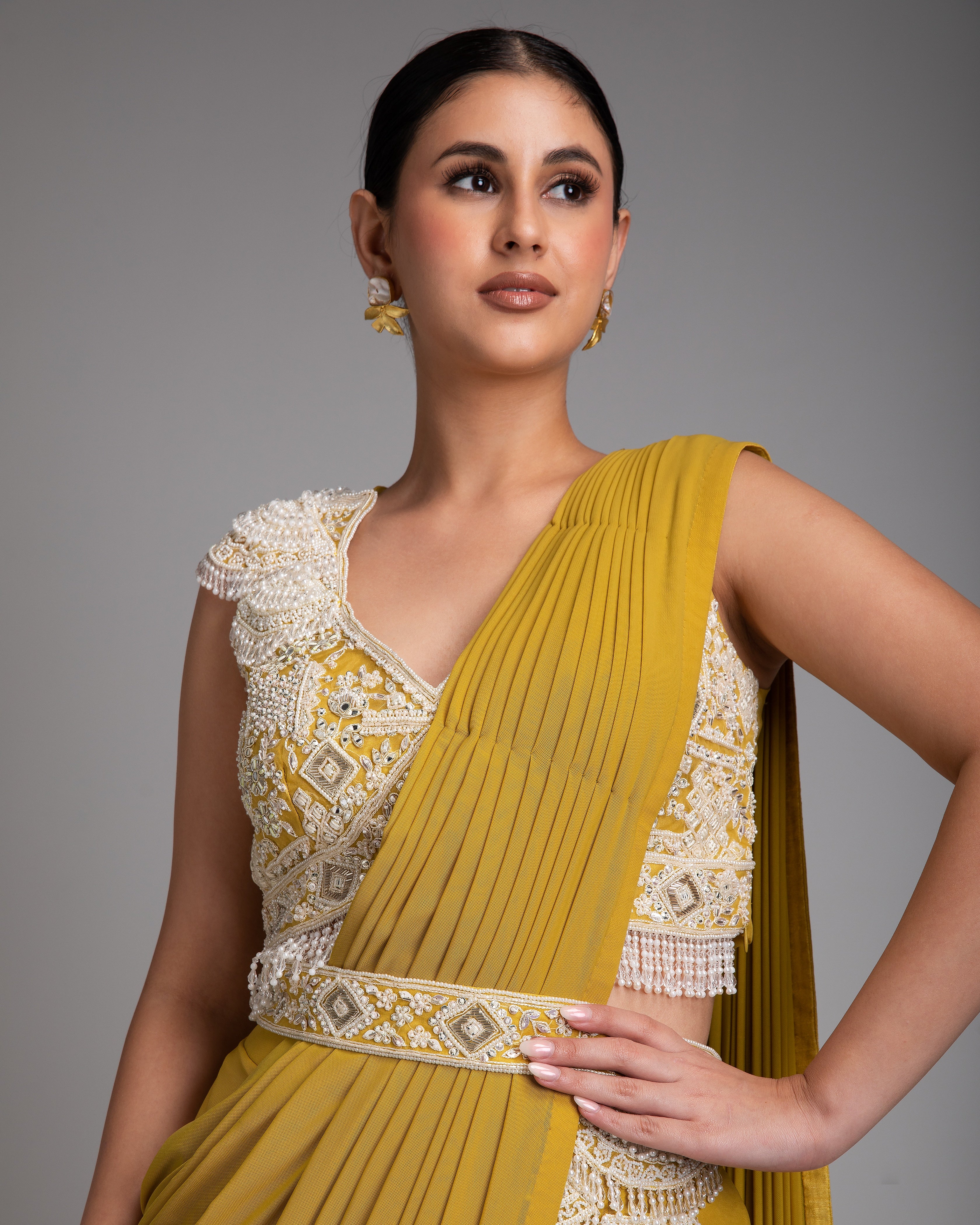 Mustard Yellow Draped Saree Set - Mokshaa