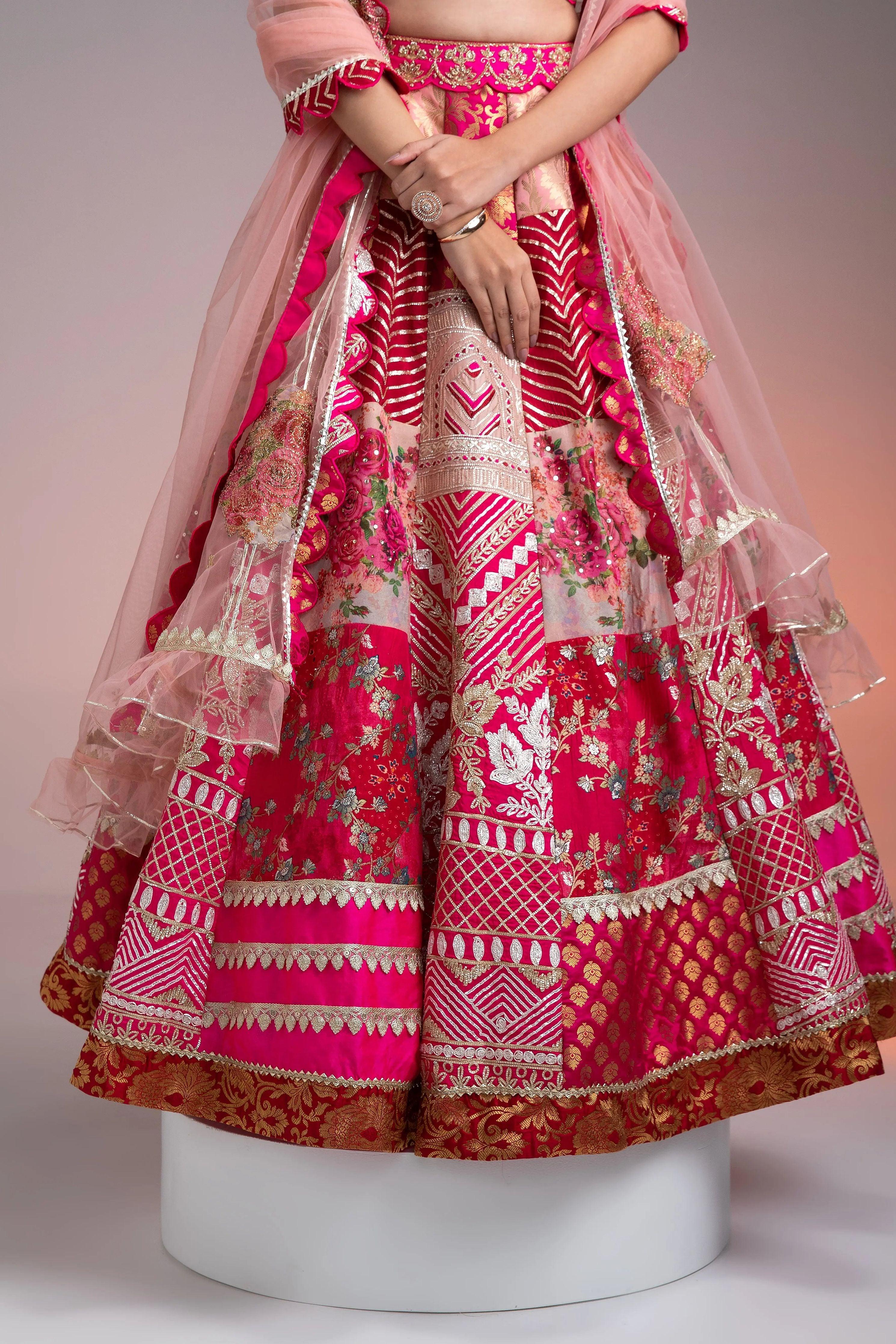 Vibrant Pink and Gold Applique Lehenga  Mokshaa