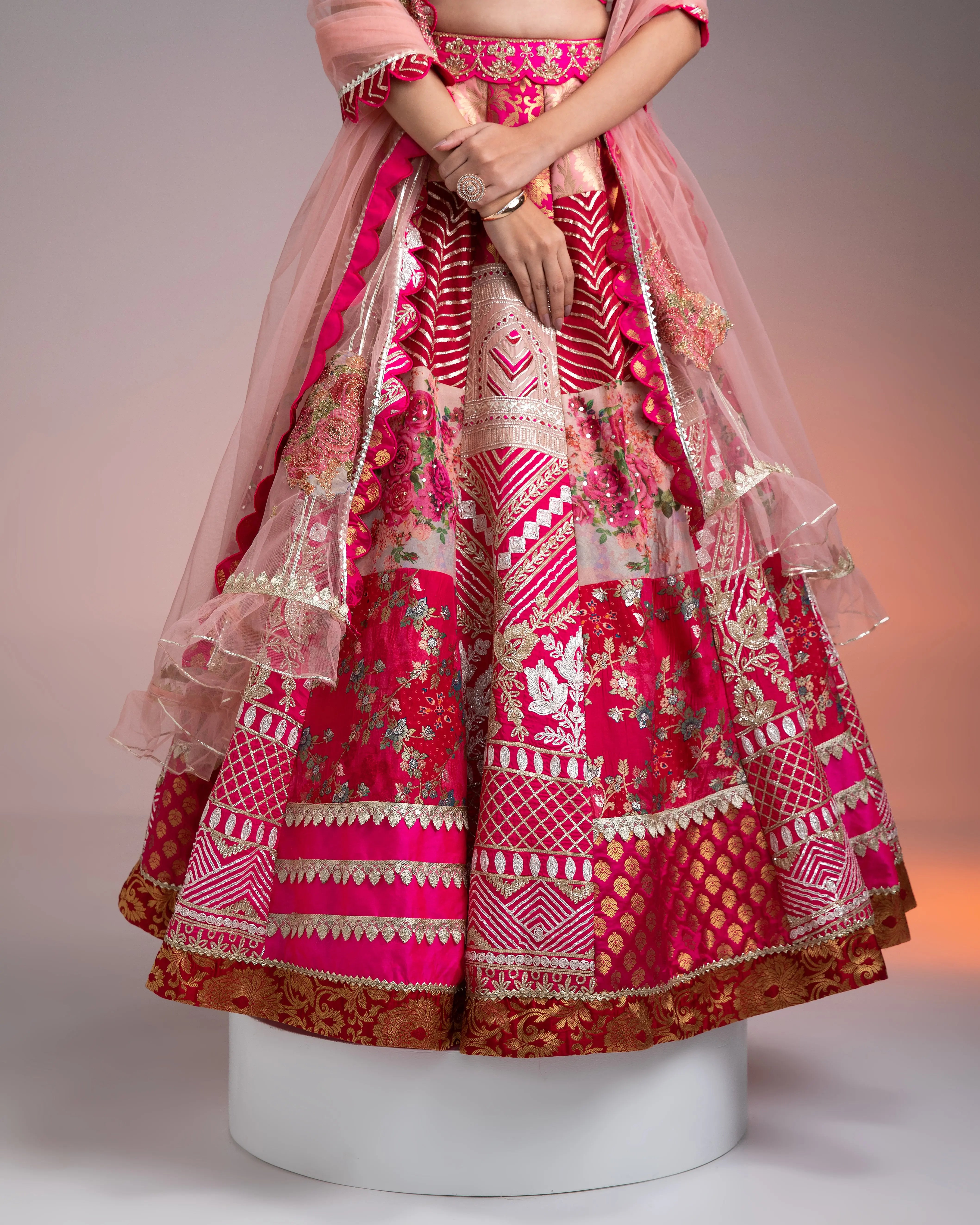 Vibrant Pink and Gold Applique Lehenga聽 Mokshaa