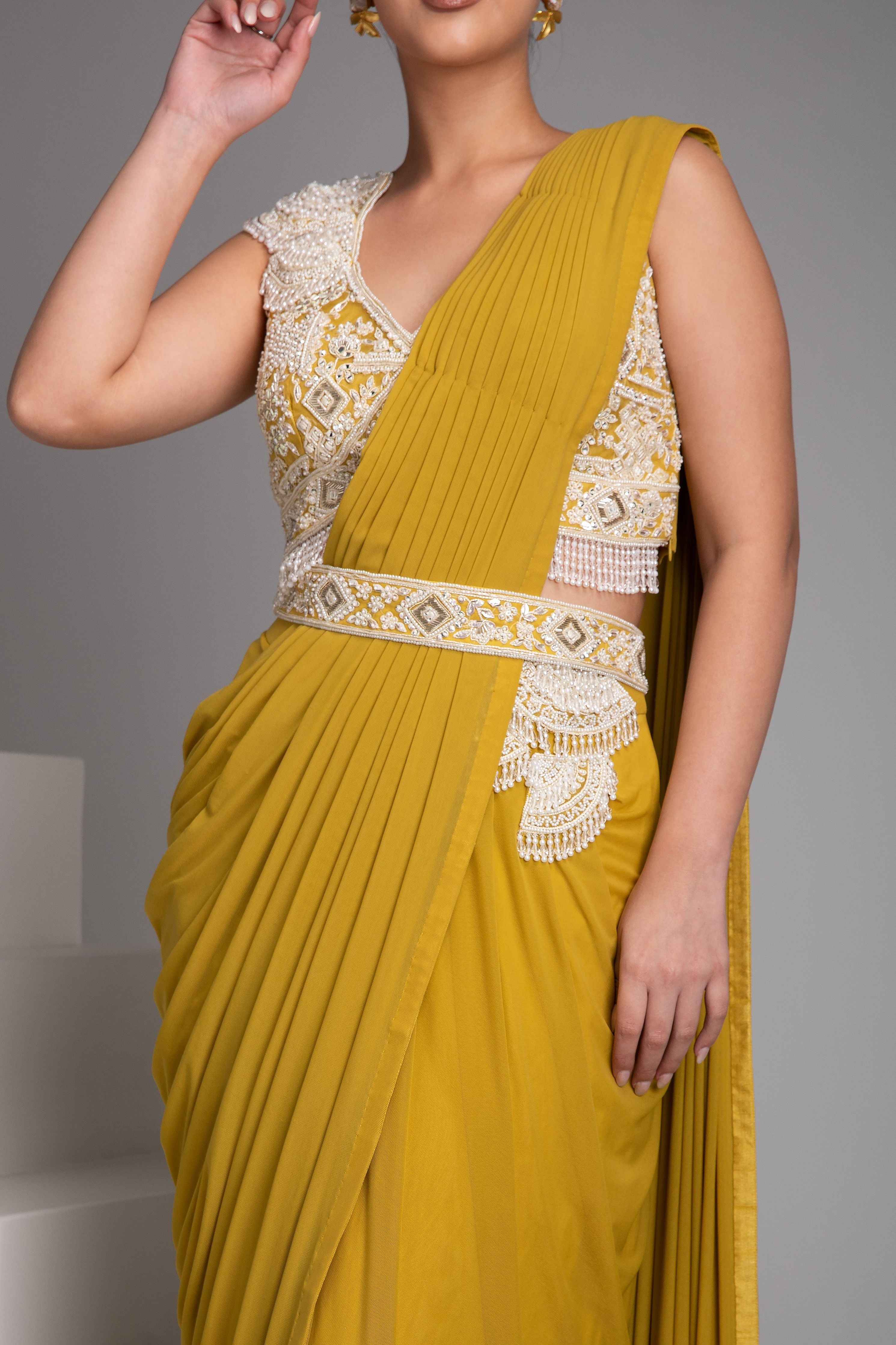 Mustard Yellow Draped Saree Set - Mokshaa