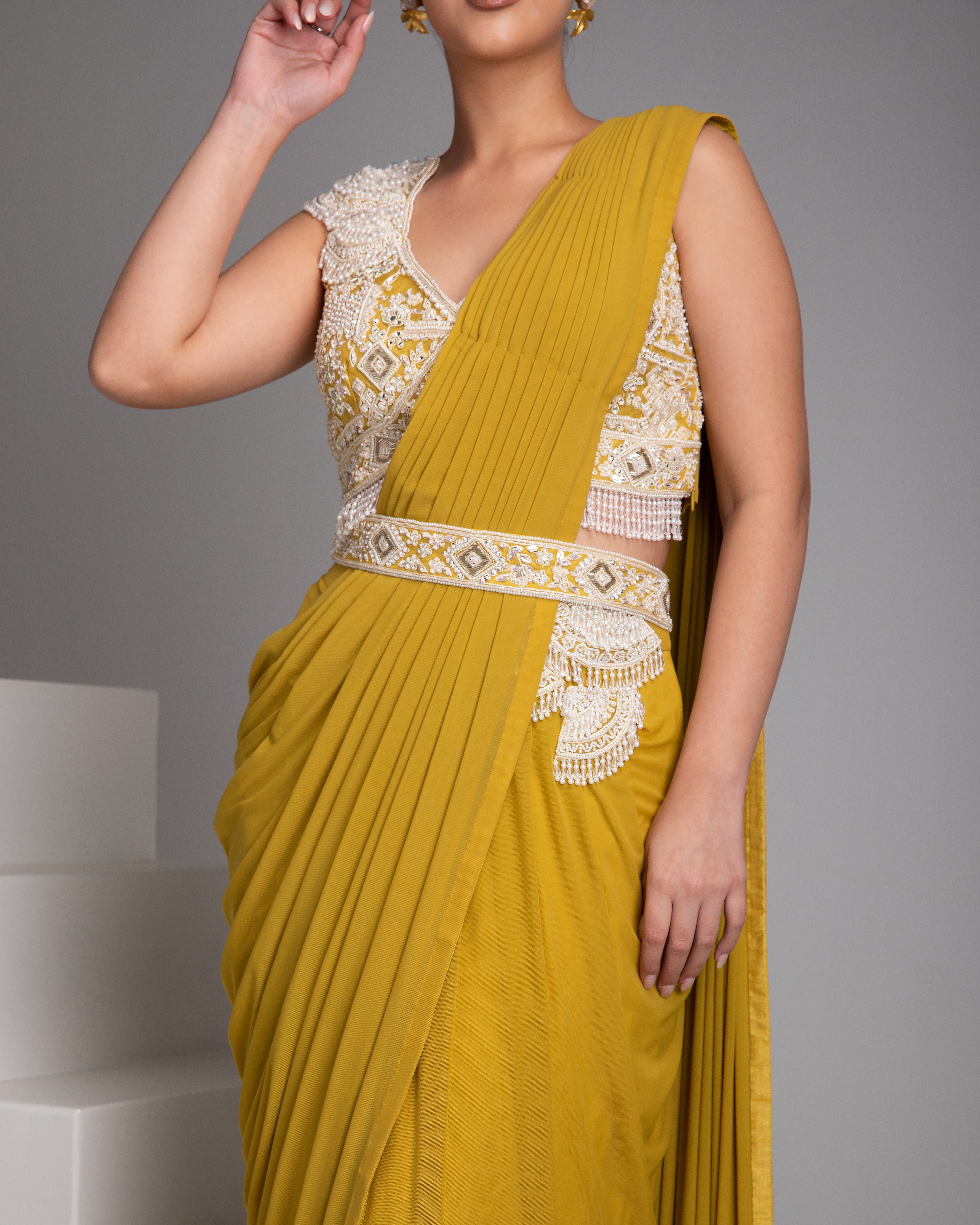 Mustard Yellow Draped Saree Set - Mokshaa