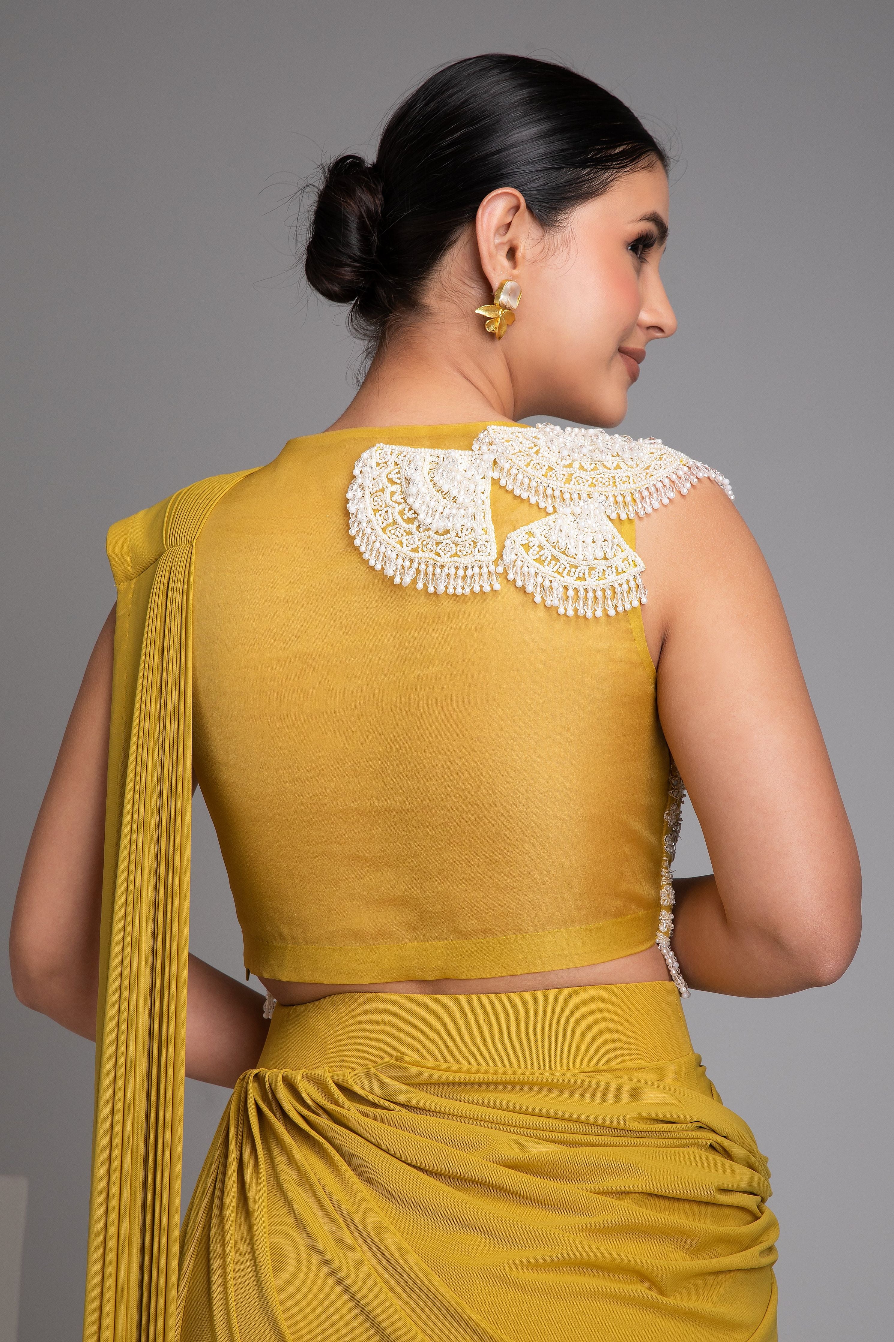 Mustard Yellow Draped Saree Set - Mokshaa