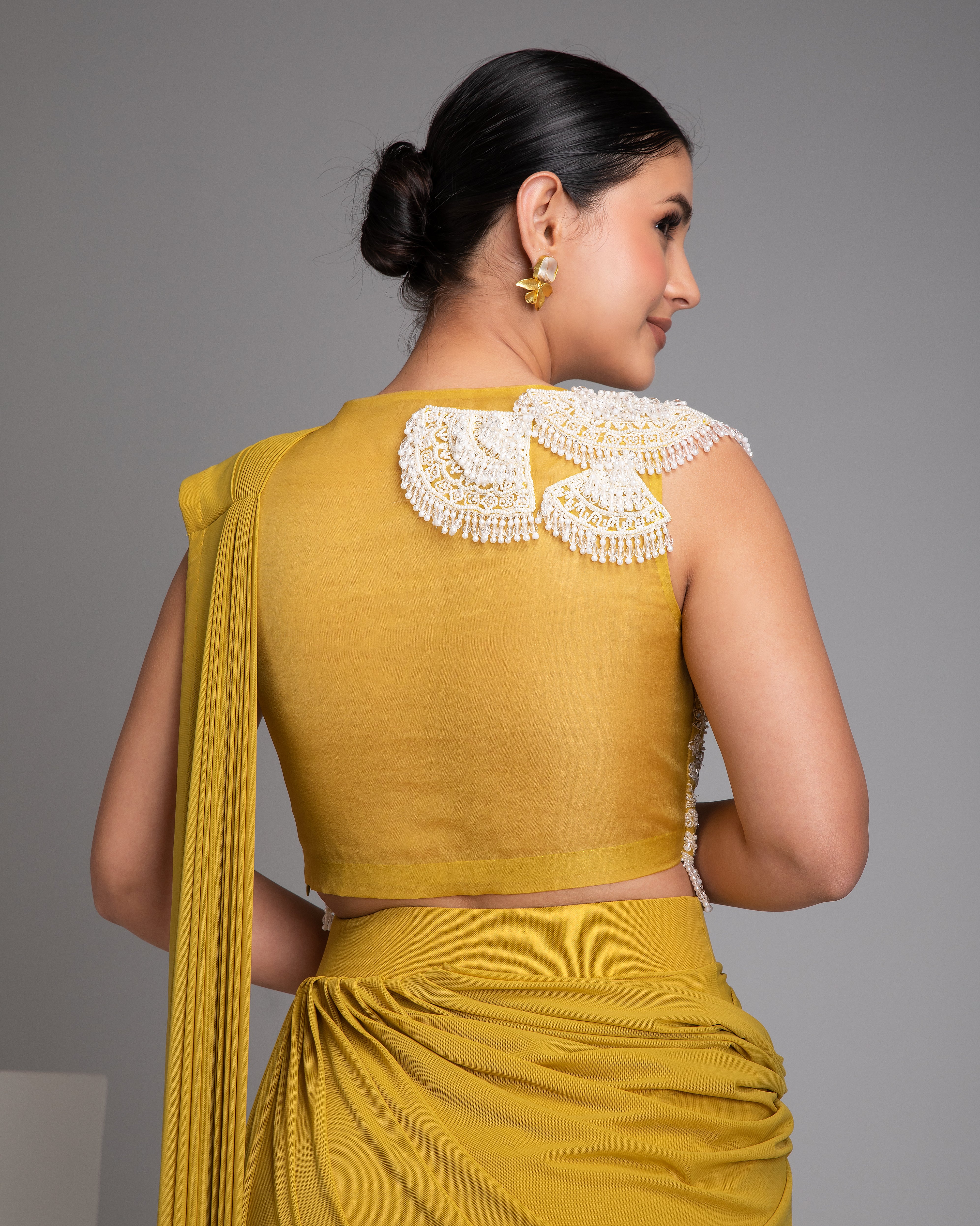 Mustard Yellow Draped Saree Set - Mokshaa