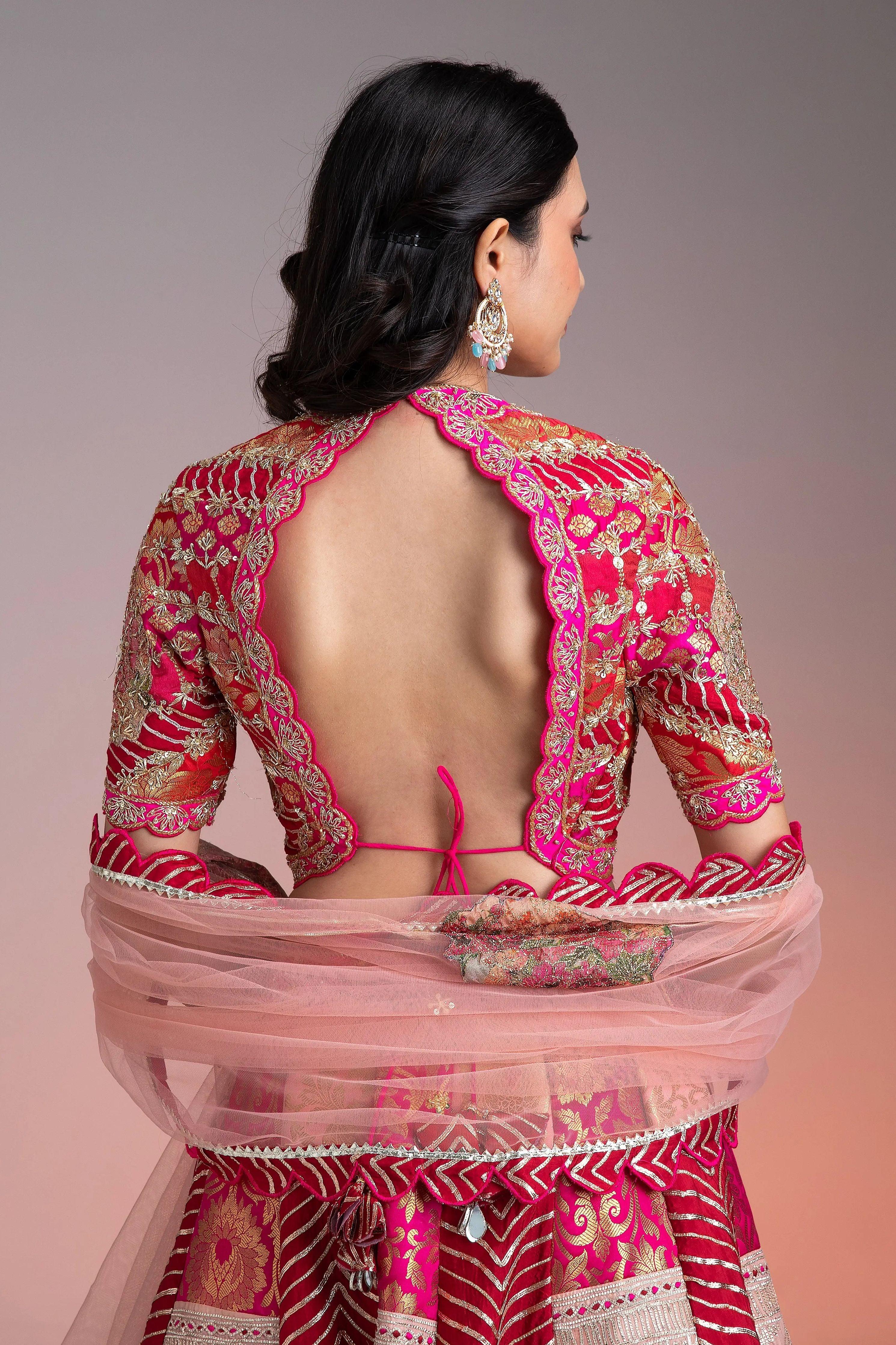 Vibrant Pink and Gold Applique Lehenga  Mokshaa