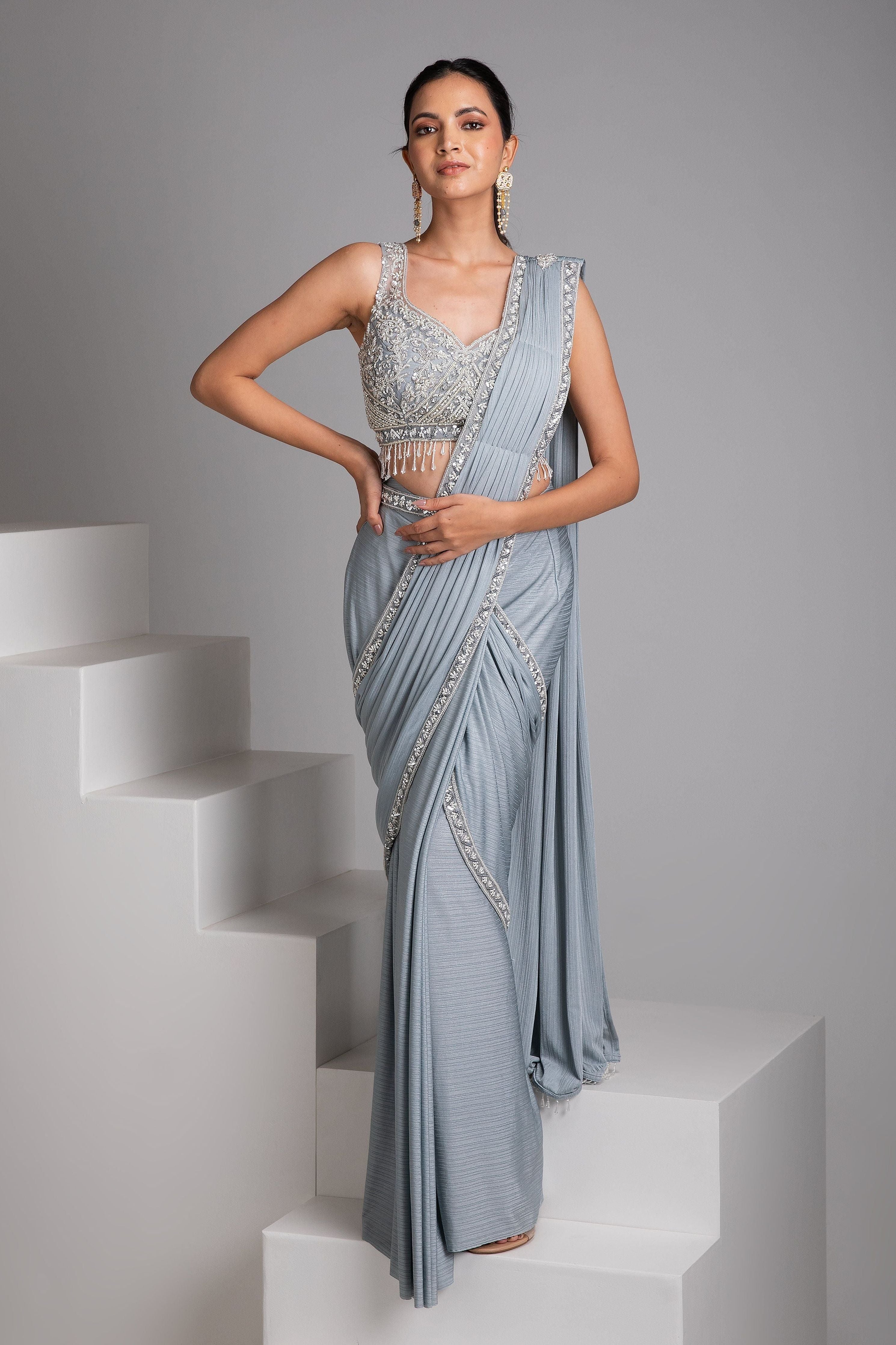 Ice Blue Draped Saree Set - Mokshaa