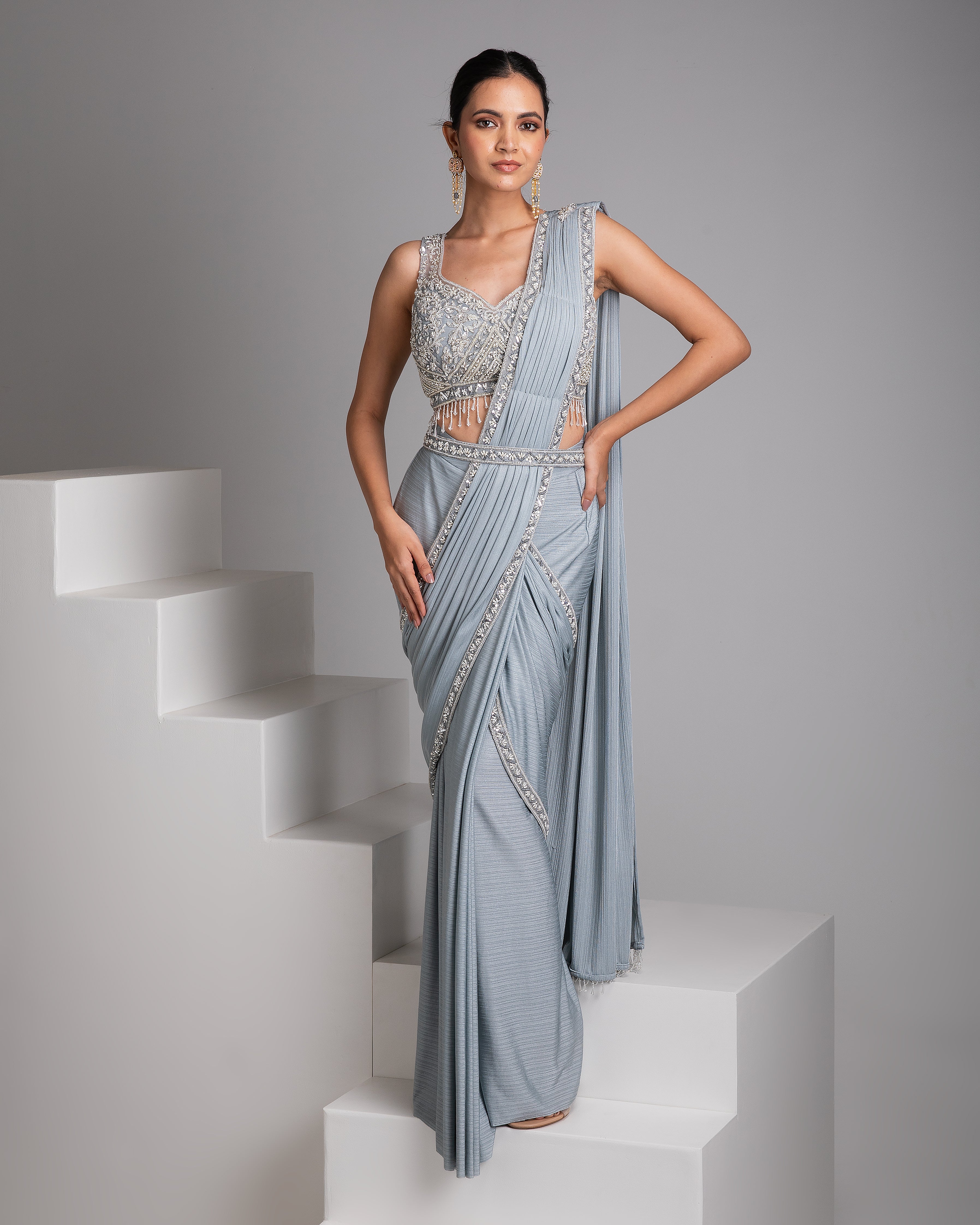 Ice Blue Draped Saree Set - Mokshaa