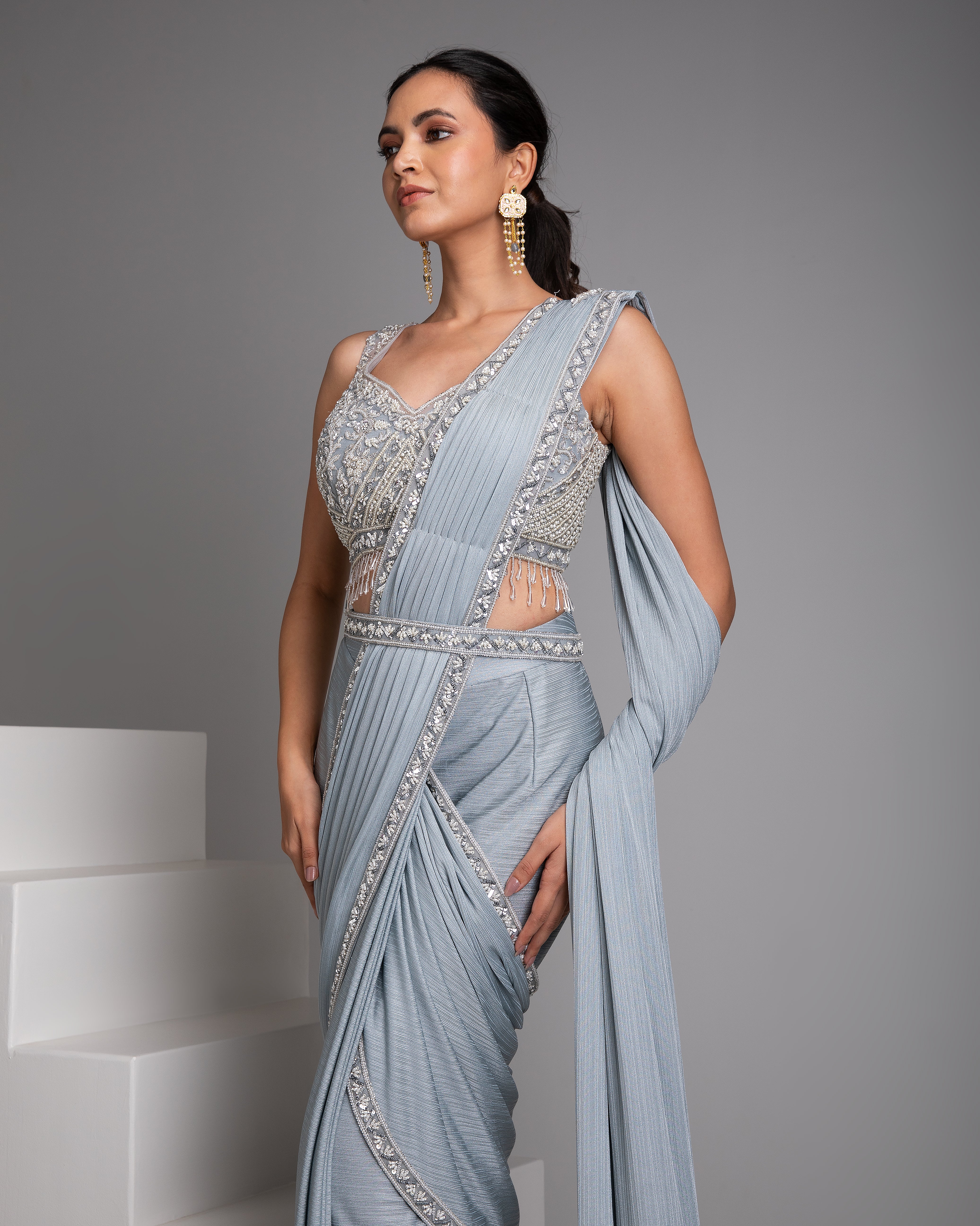 Ice Blue Draped Saree Set - Mokshaa