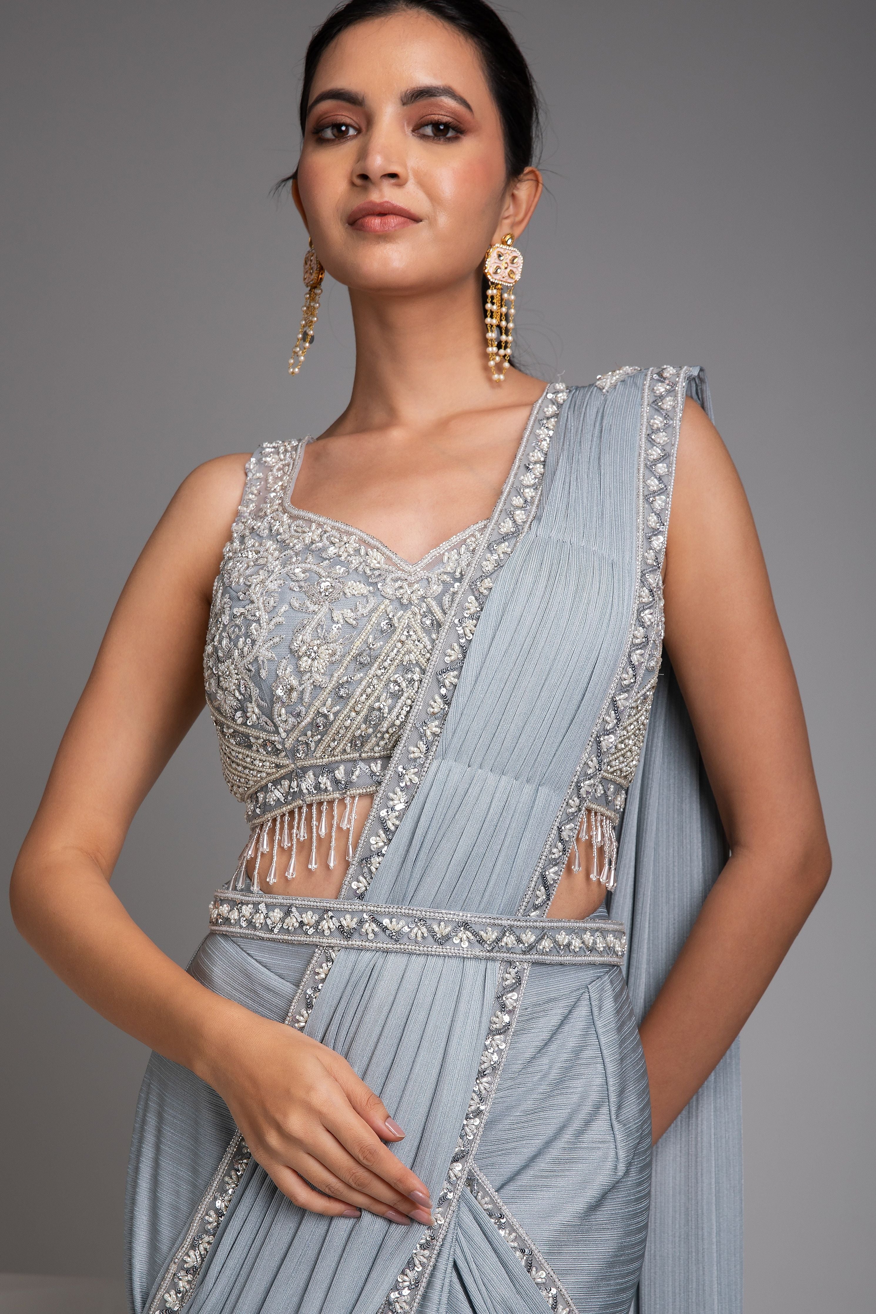 Ice Blue Draped Saree Set - Mokshaa