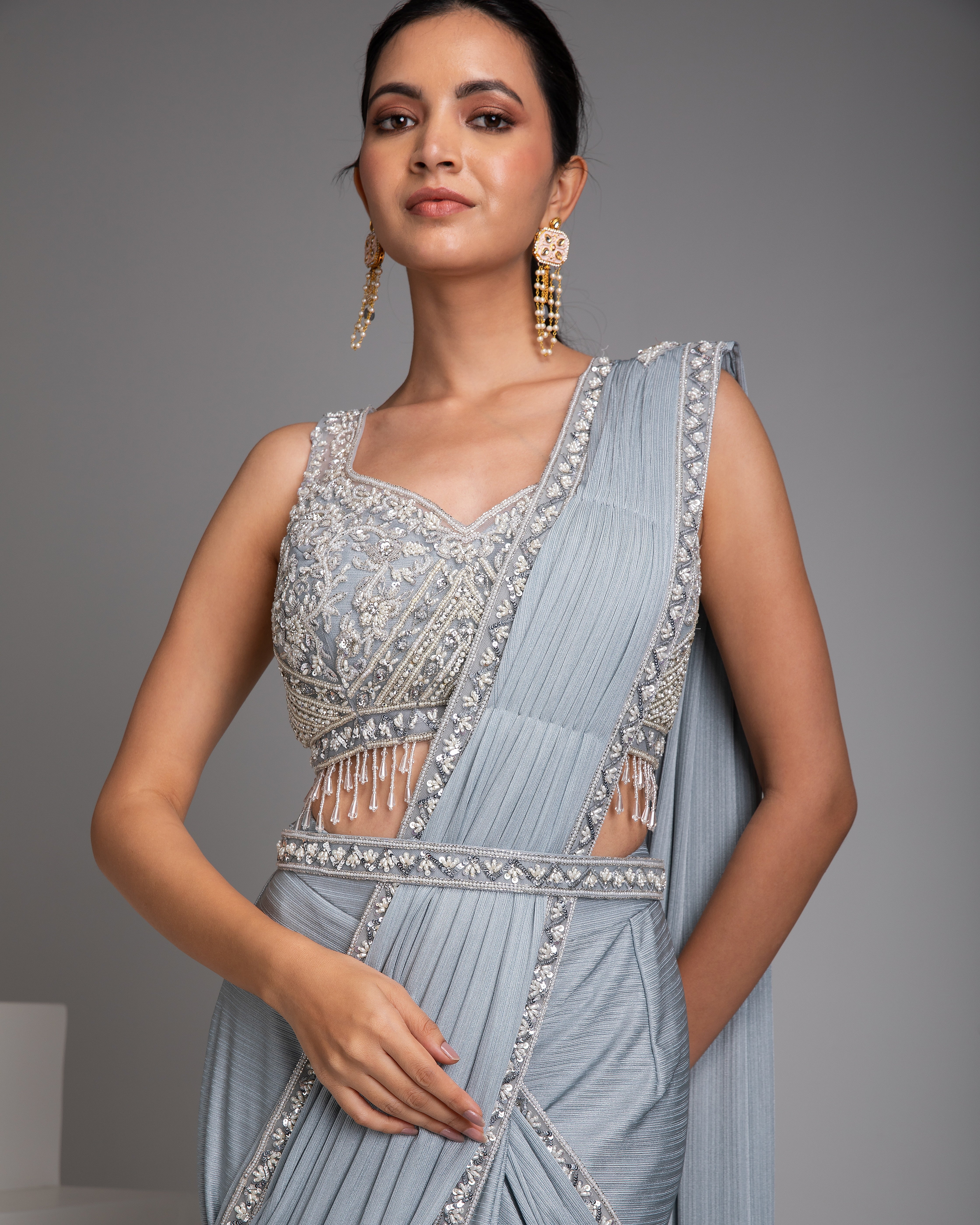 Ice Blue Draped Saree Set - Mokshaa