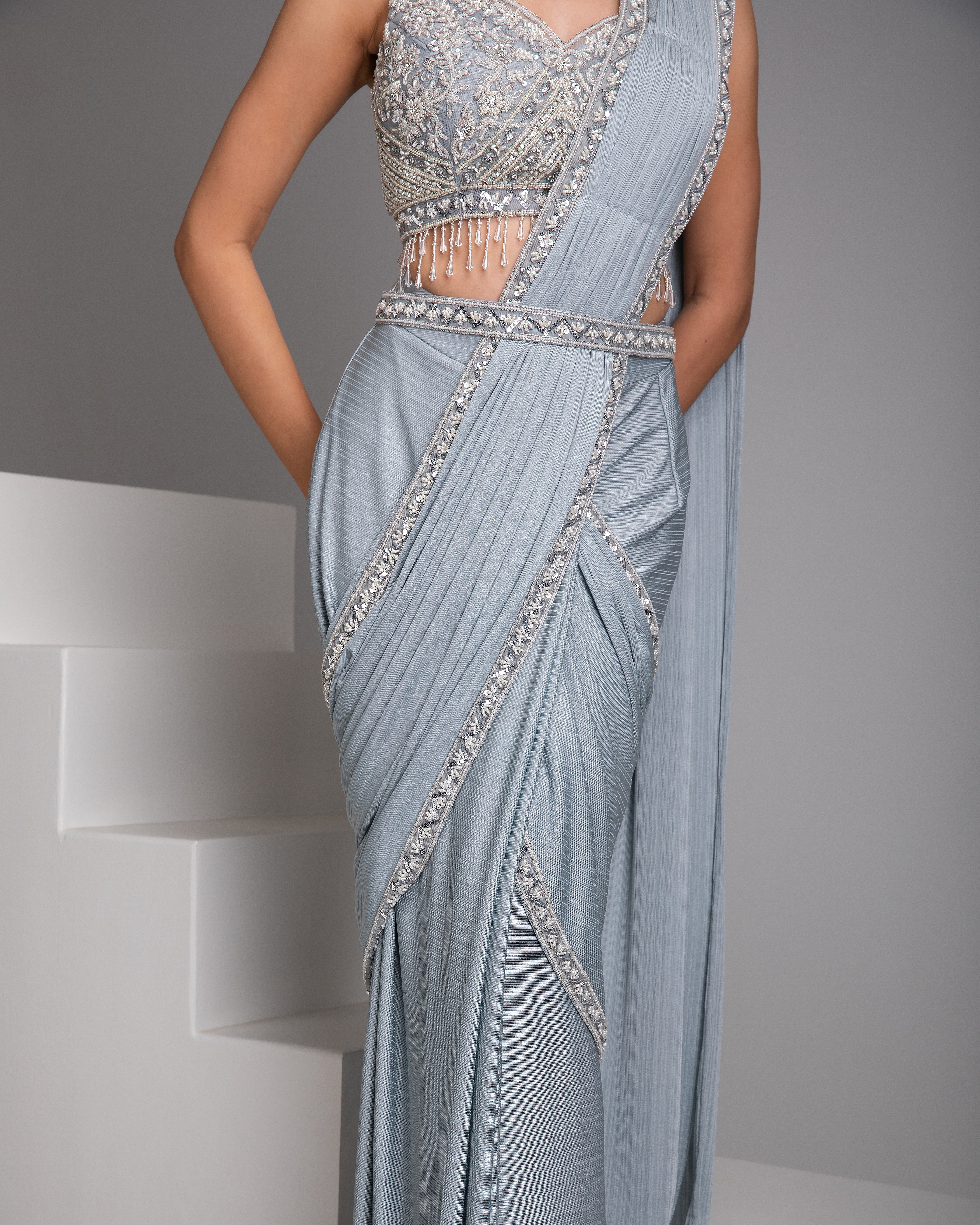 Ice Blue Draped Saree Set - Mokshaa