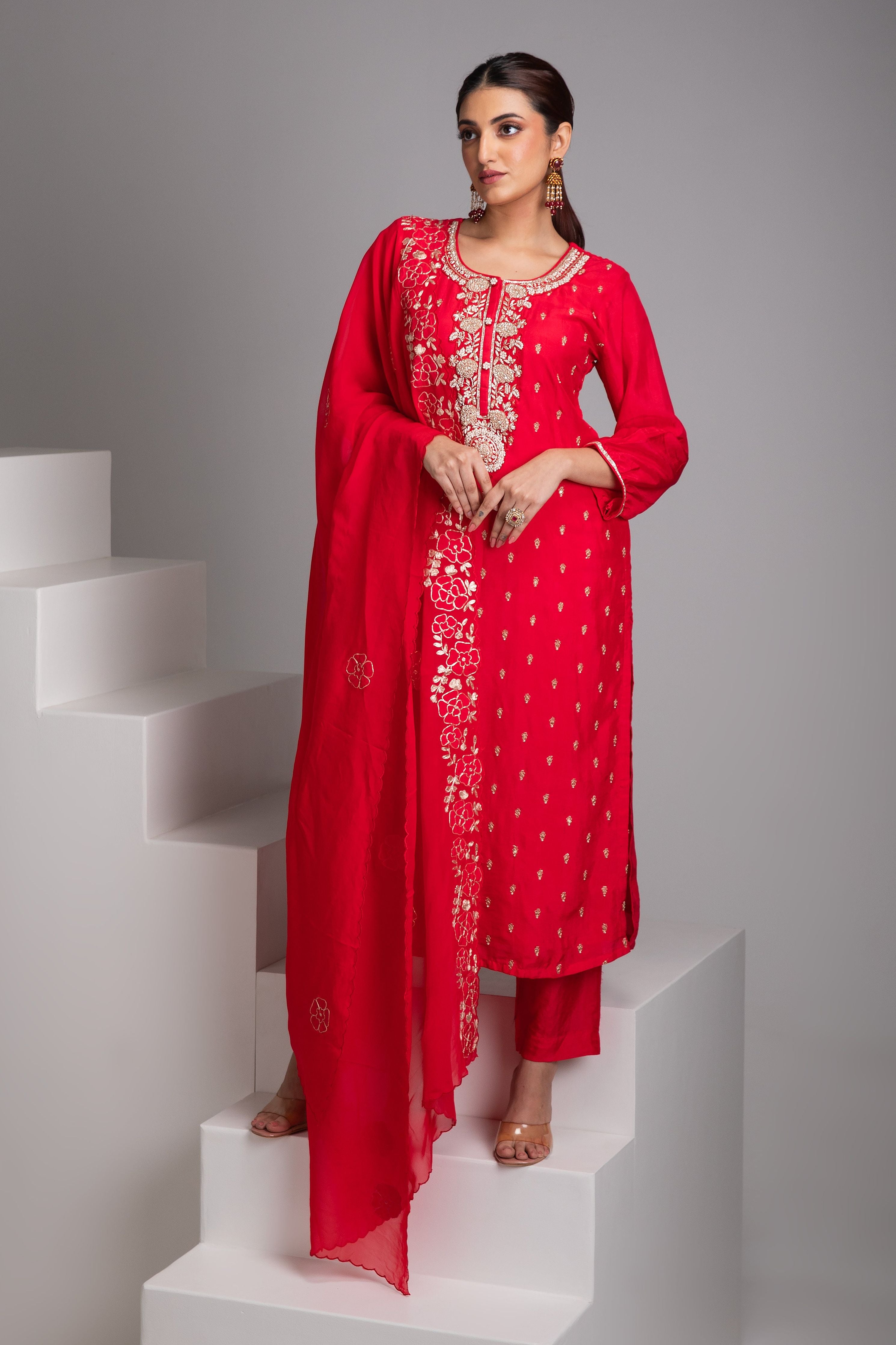 Vermilion Red Silk Kurta Set - Mokshaa