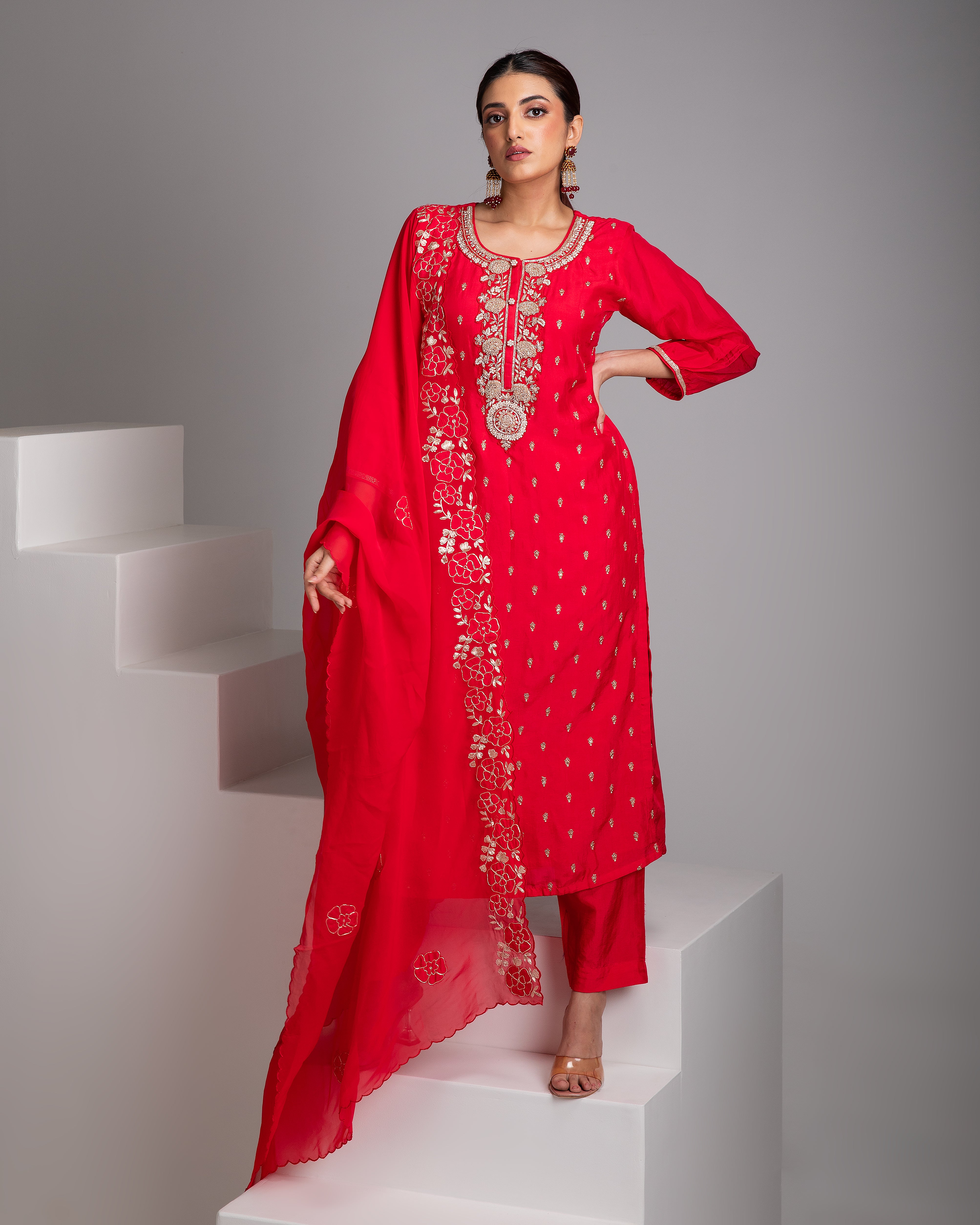 Vermilion Red Silk Kurta Set - Mokshaa