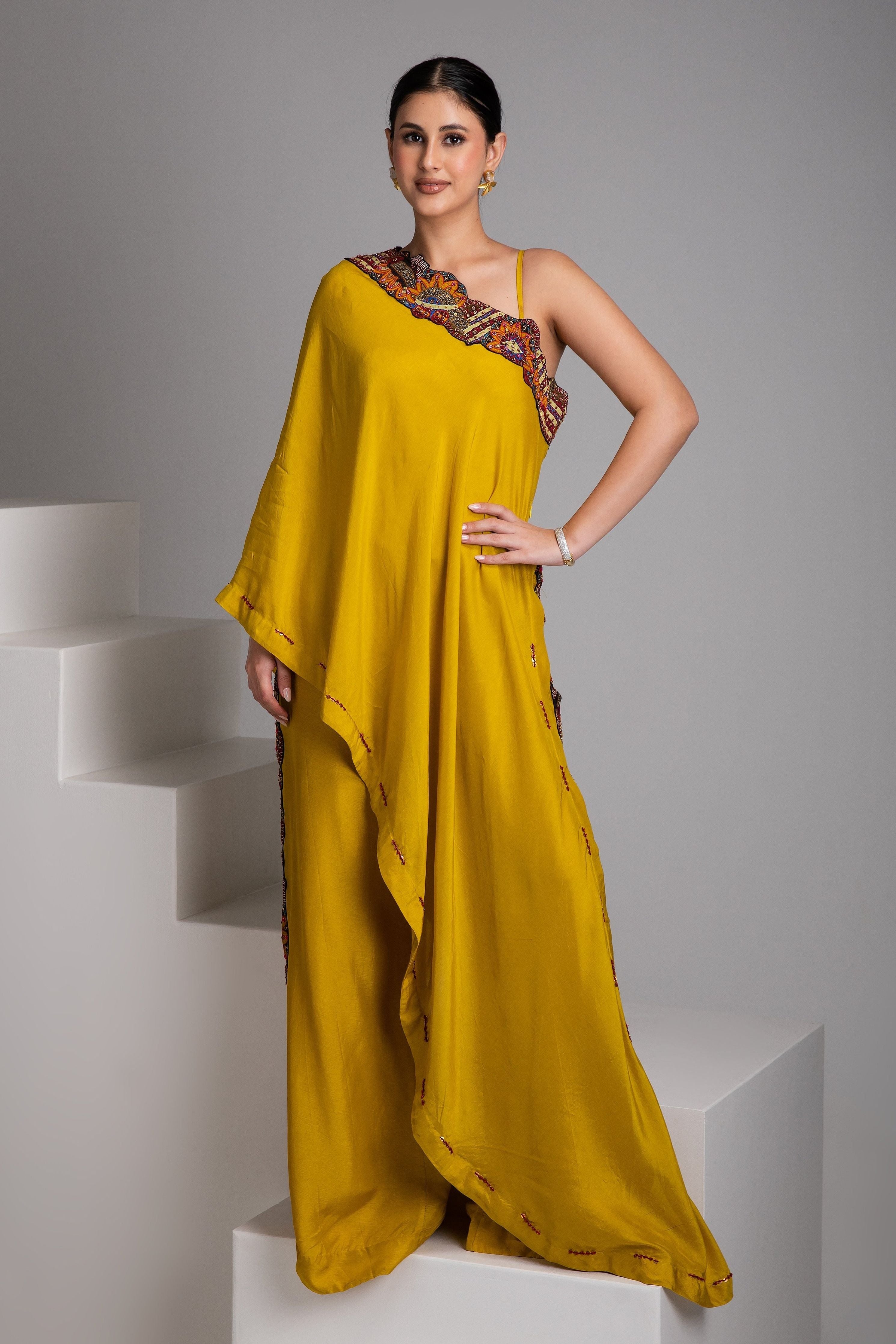 Mustard Yellow Asymmetrical Drape Set - Mokshaa