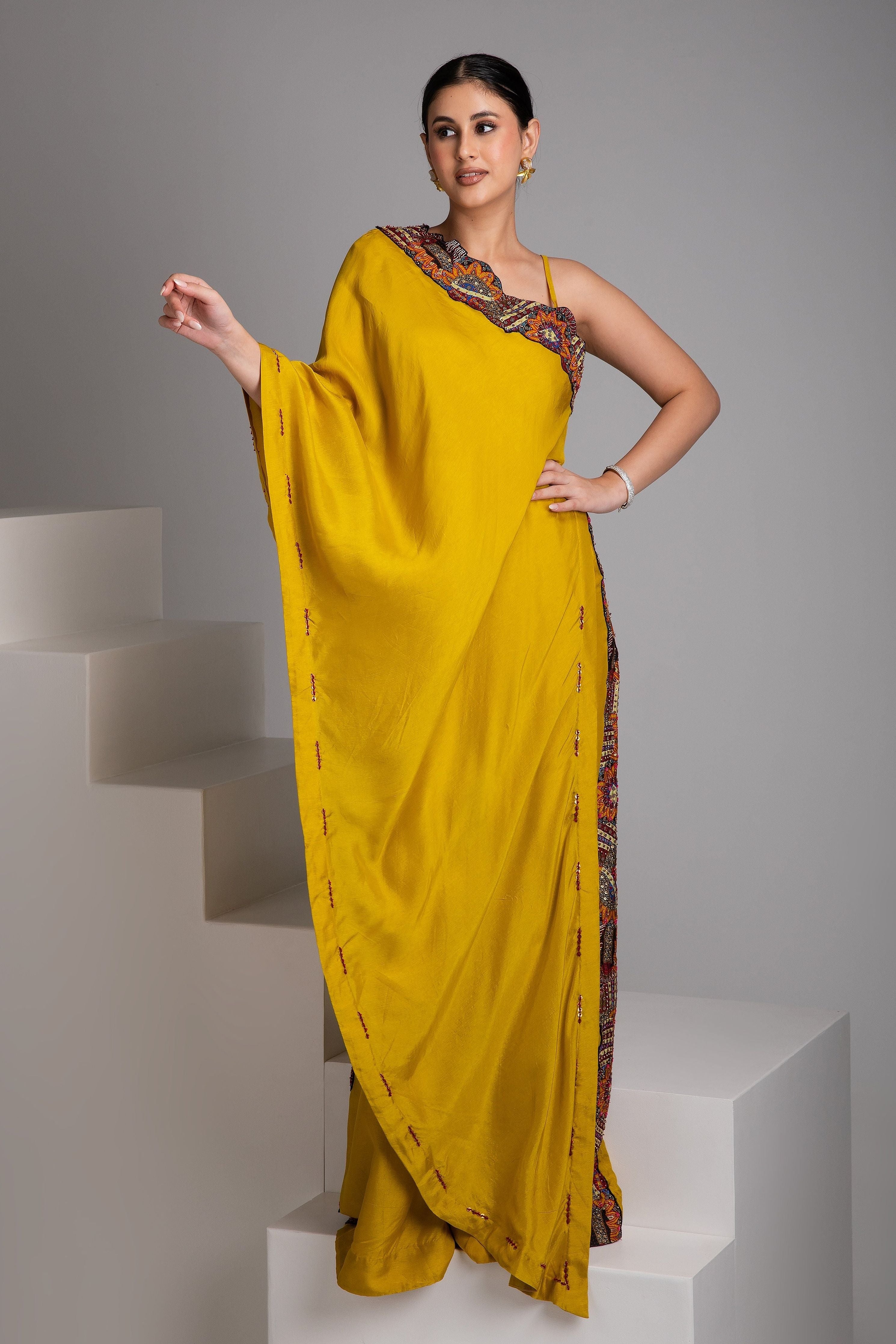 Mustard Yellow Asymmetrical Drape Set - Mokshaa