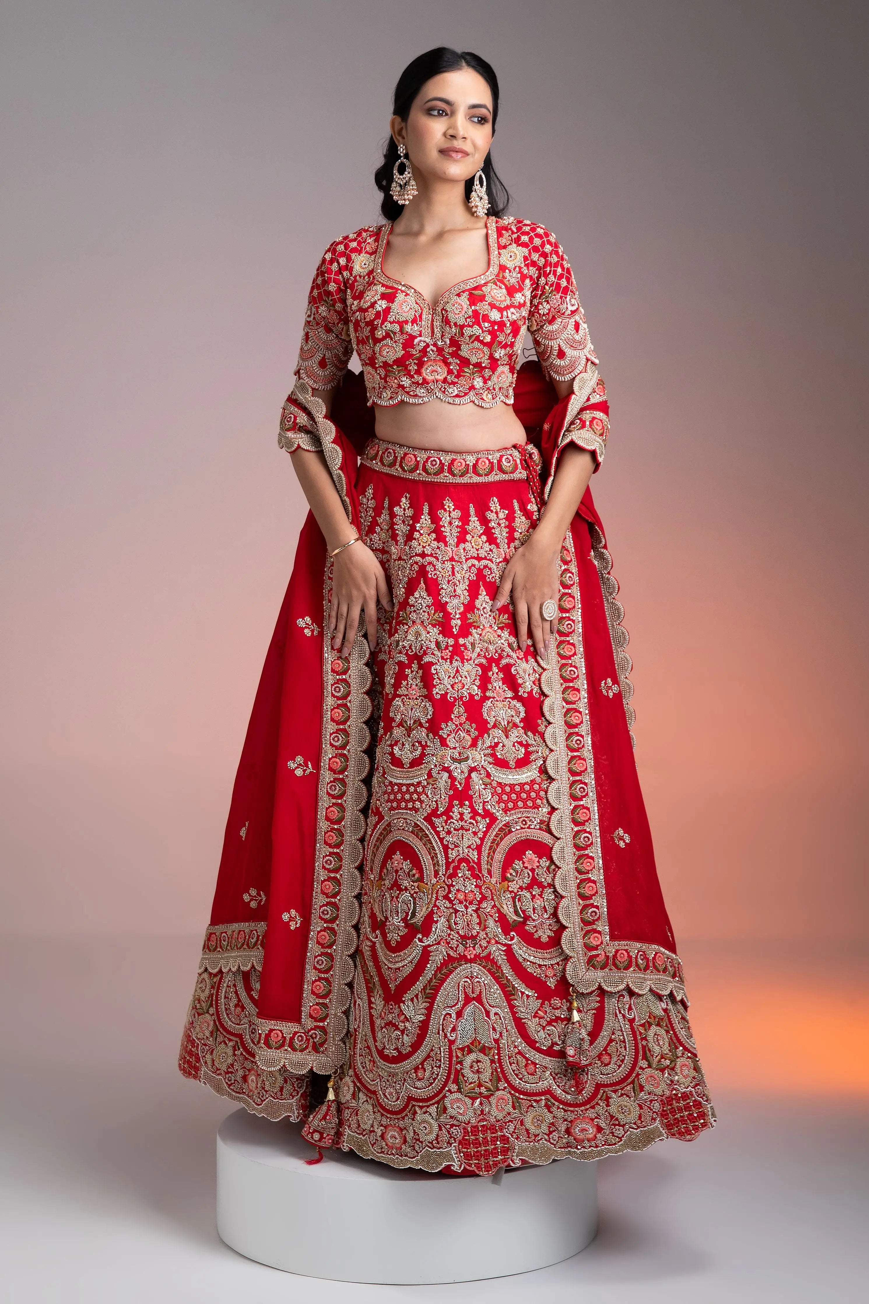 Red Silk Lehenga Set with Multicolor Threadwork  Mokshaa