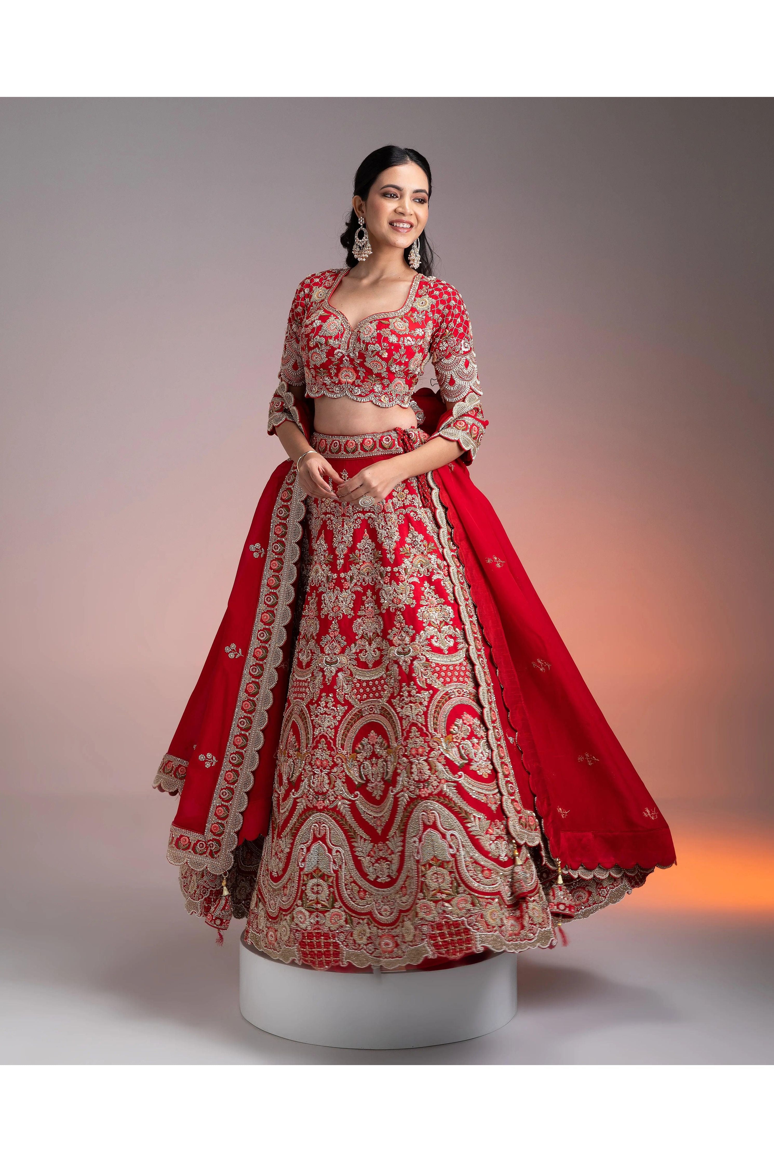 Red Silk Lehenga Set With Multicolor Threadwork - Mokshaa