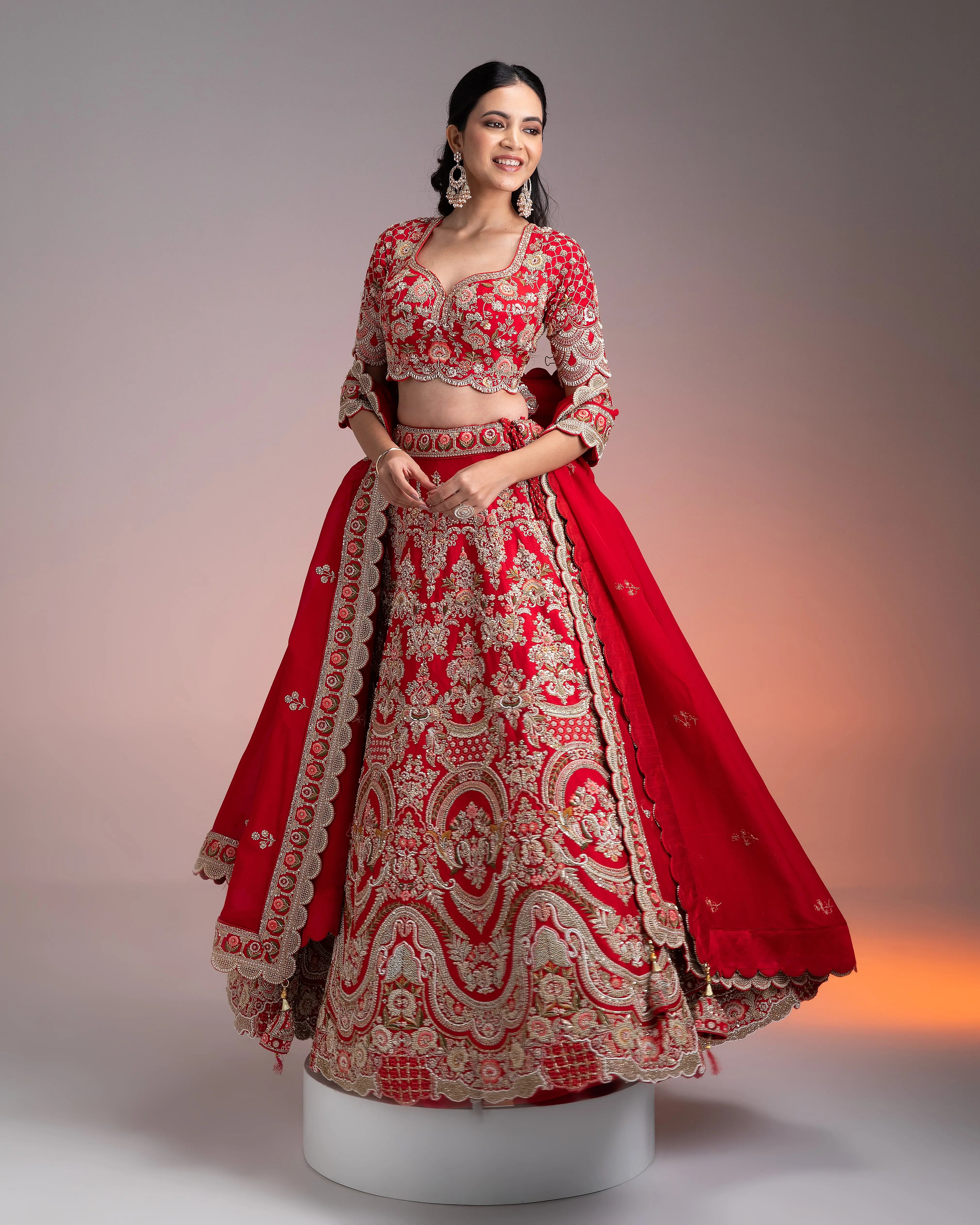 Red Silk Lehenga Set with Multicolor Threadwork  Mokshaa