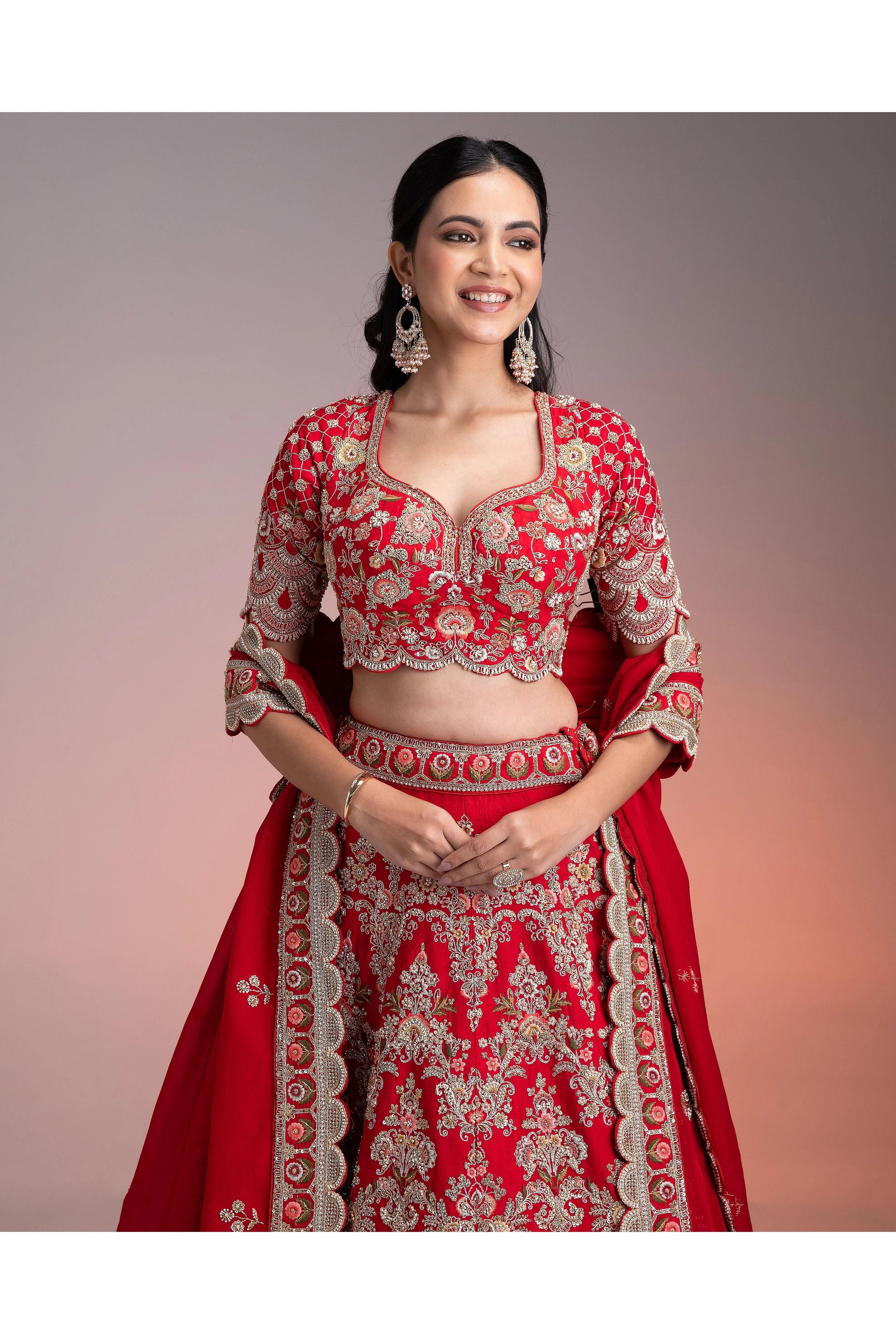 Red Silk Lehenga Set With Multicolor Threadwork - Mokshaa
