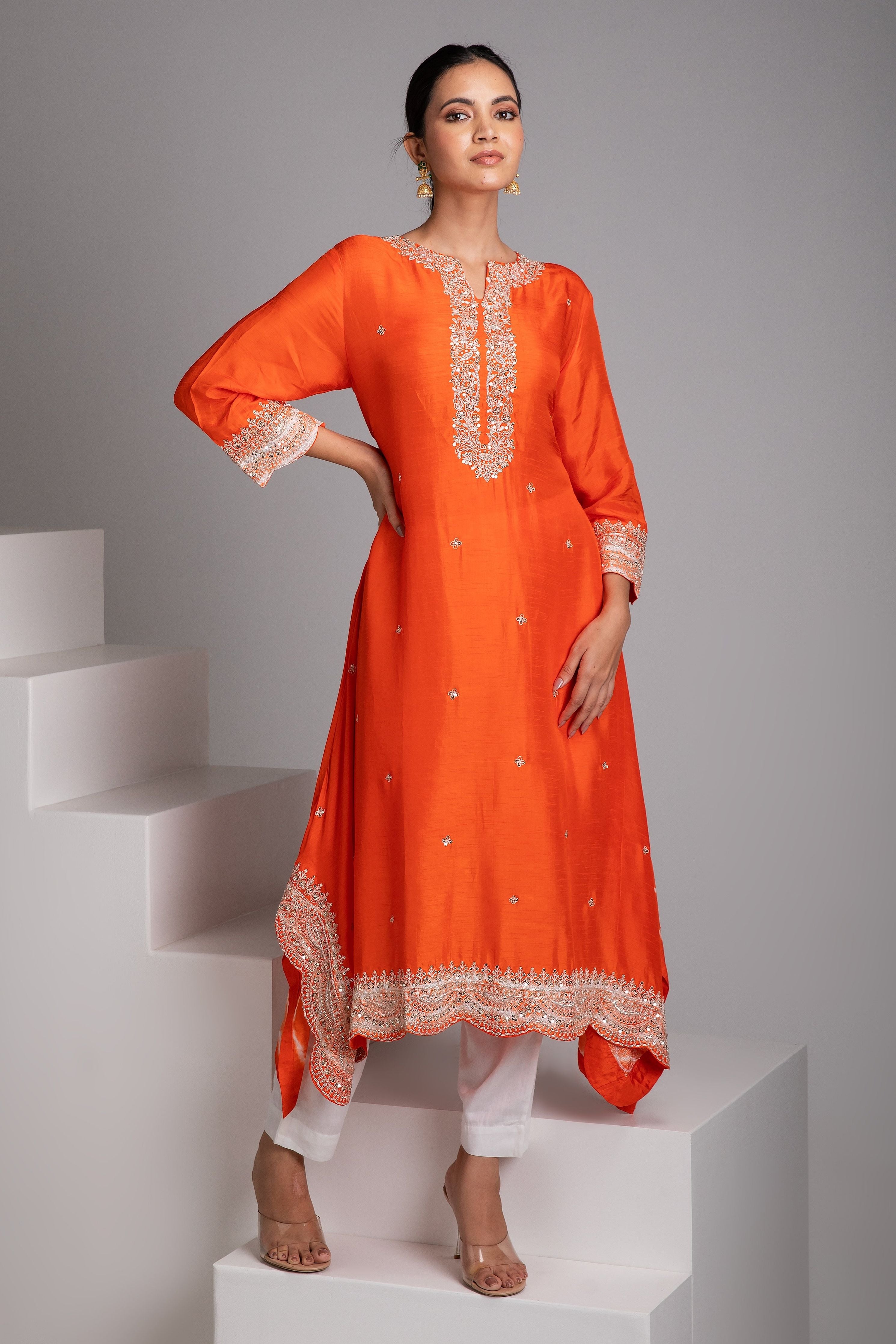 Orange Embroidered Kurta Set - Mokshaa