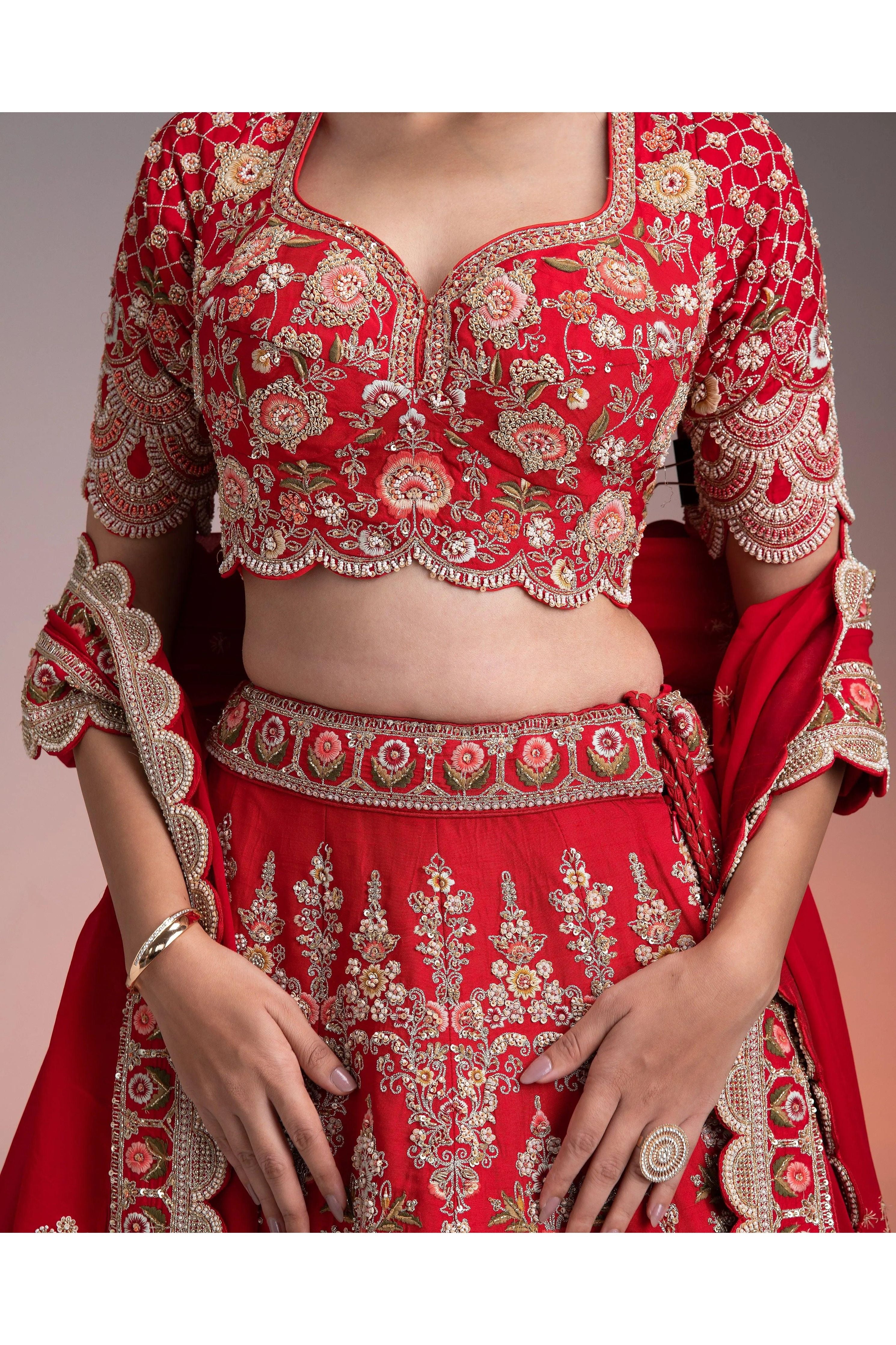 Red Silk Lehenga Set With Multicolor Threadwork - Mokshaa