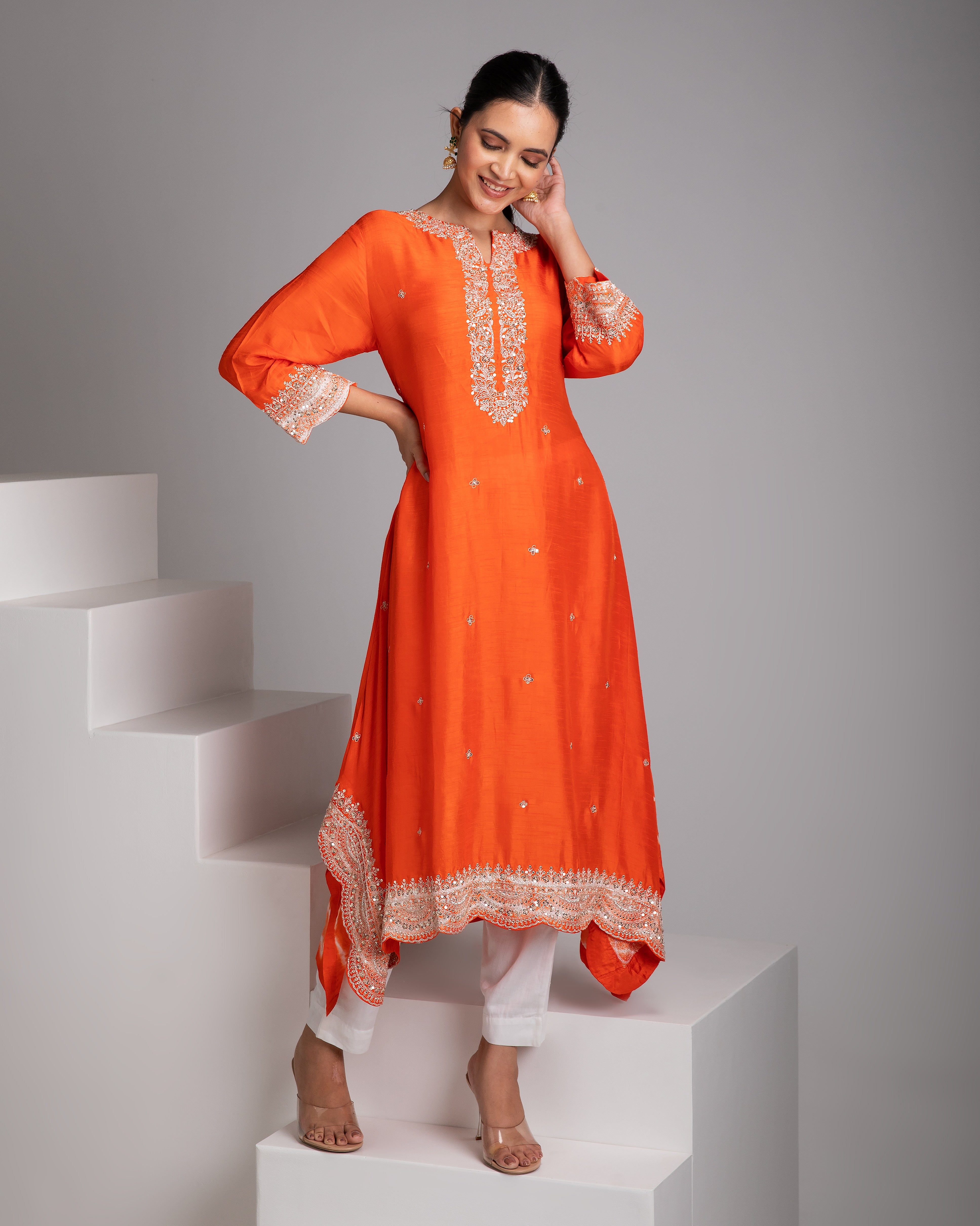 Orange Embroidered Kurta Set - Mokshaa