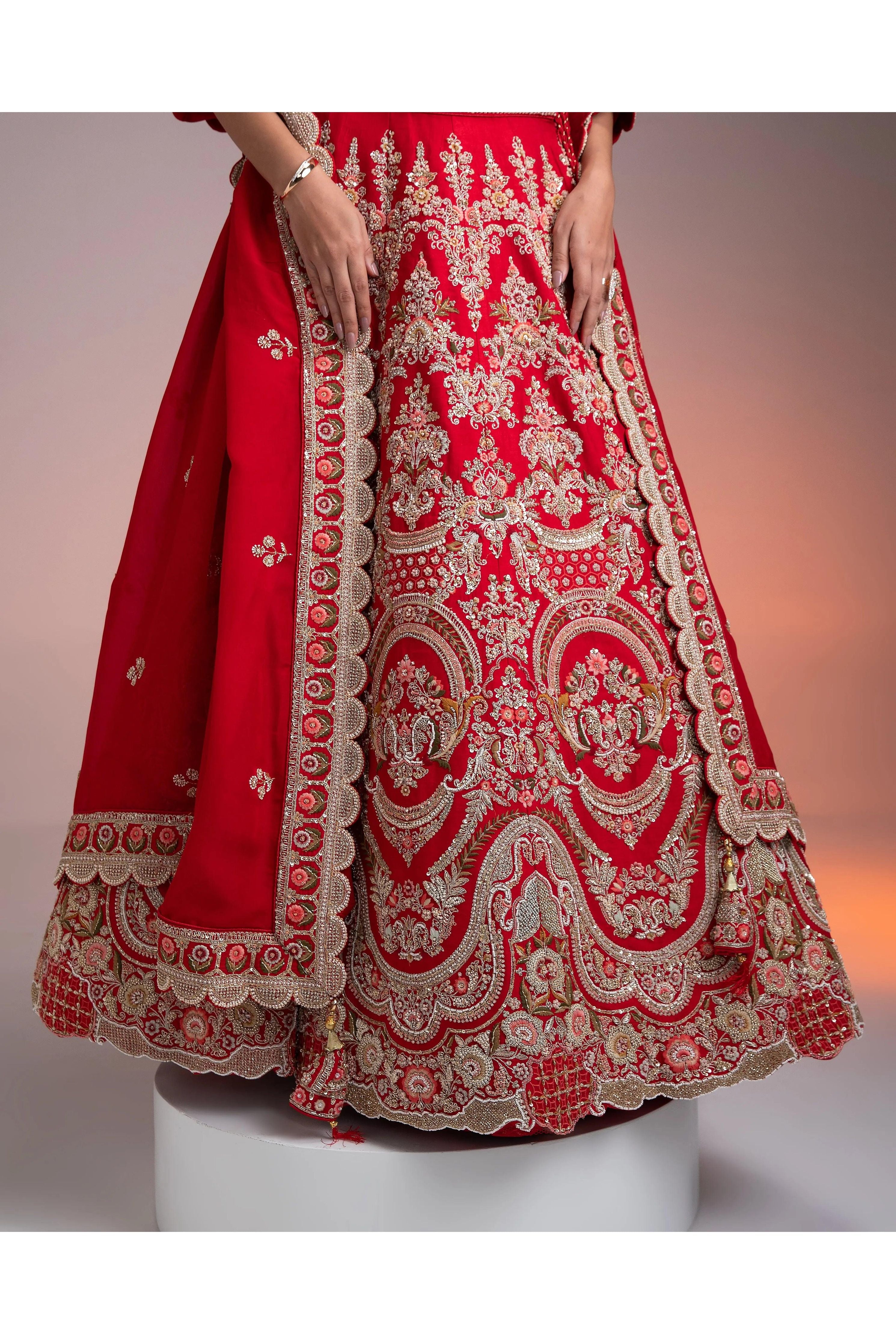 Red Silk Lehenga Set With Multicolor Threadwork - Mokshaa