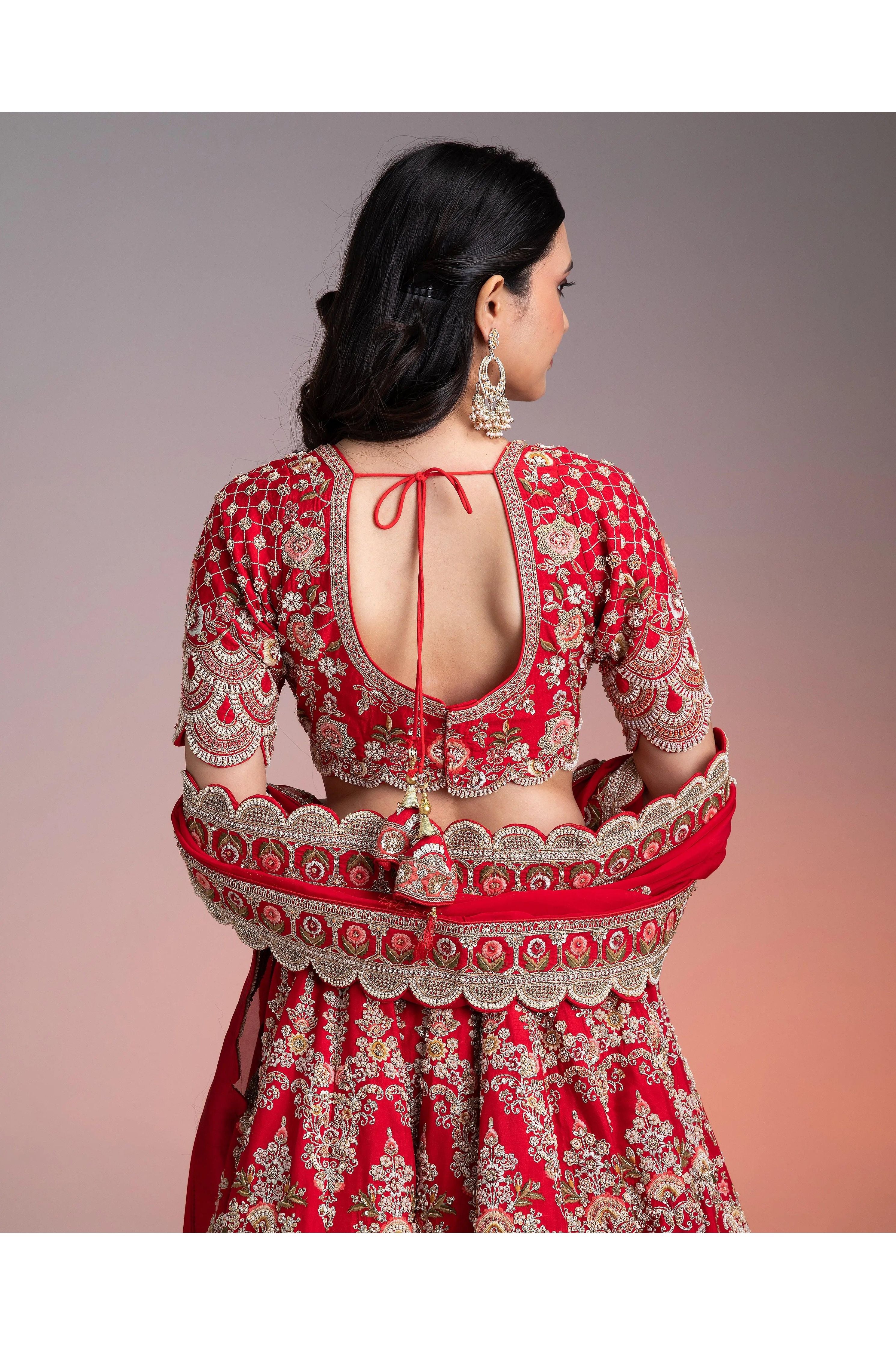 Red Silk Lehenga Set With Multicolor Threadwork - Mokshaa