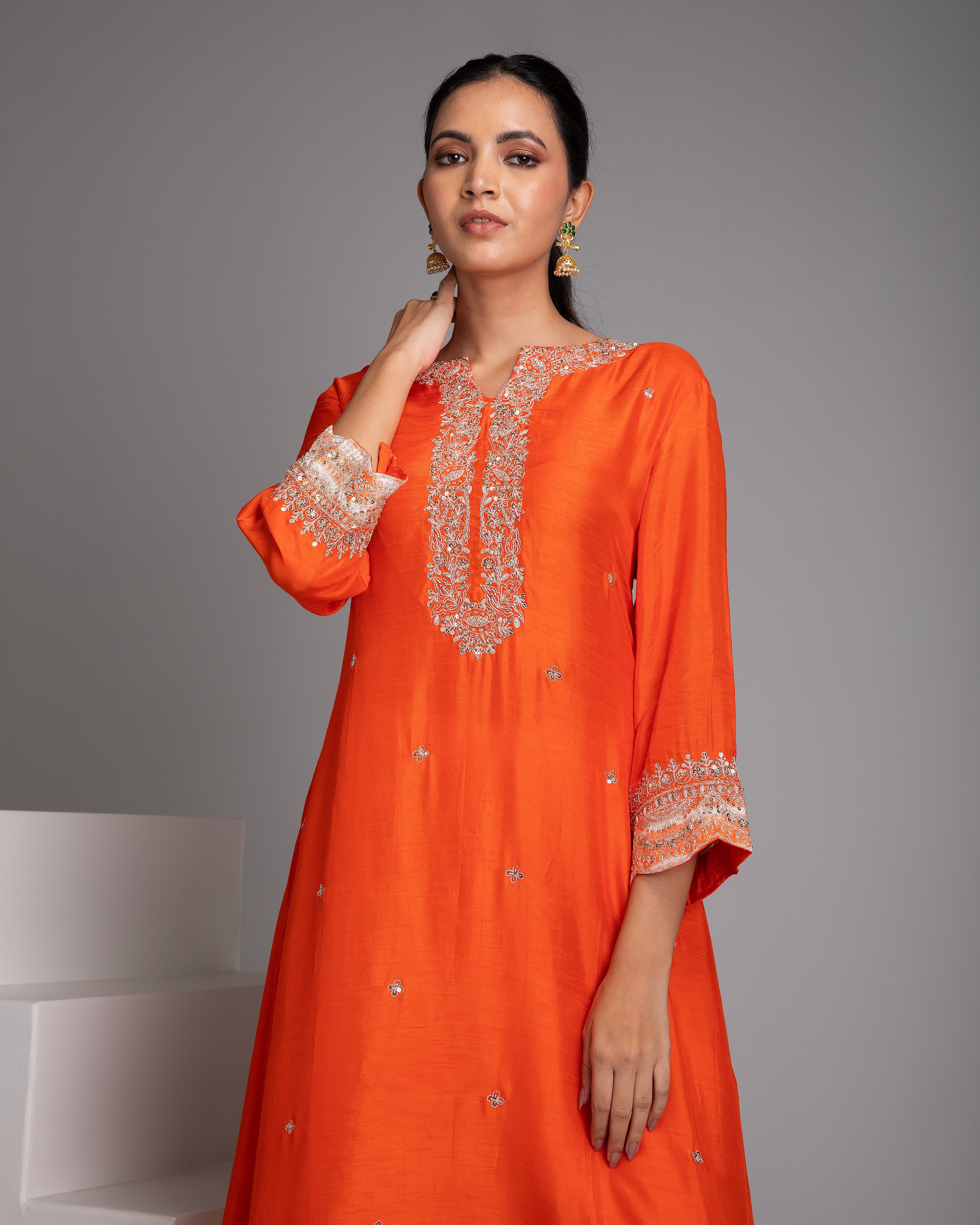 Orange Embroidered Kurta Set - Mokshaa