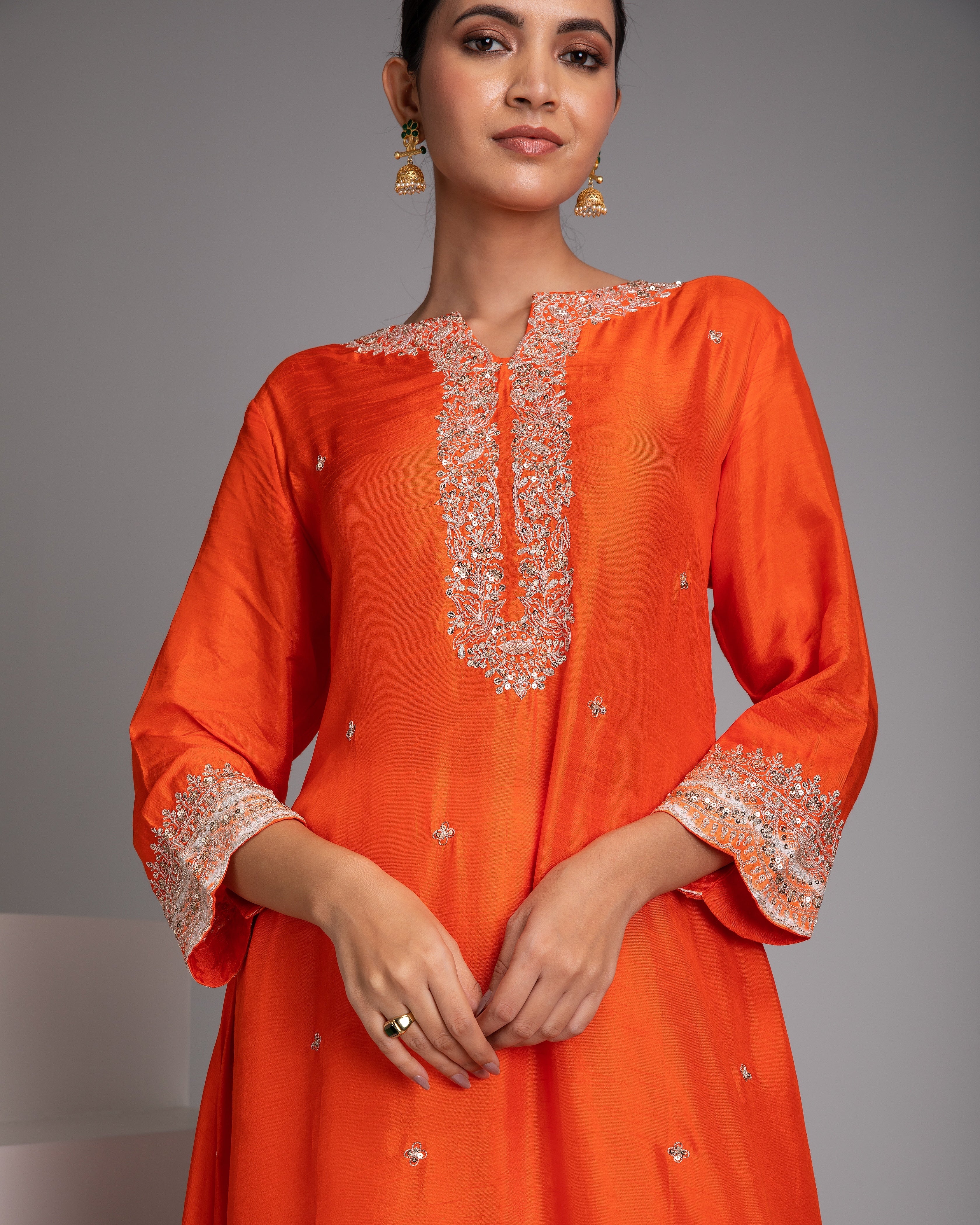 Orange Embroidered Kurta Set - Mokshaa