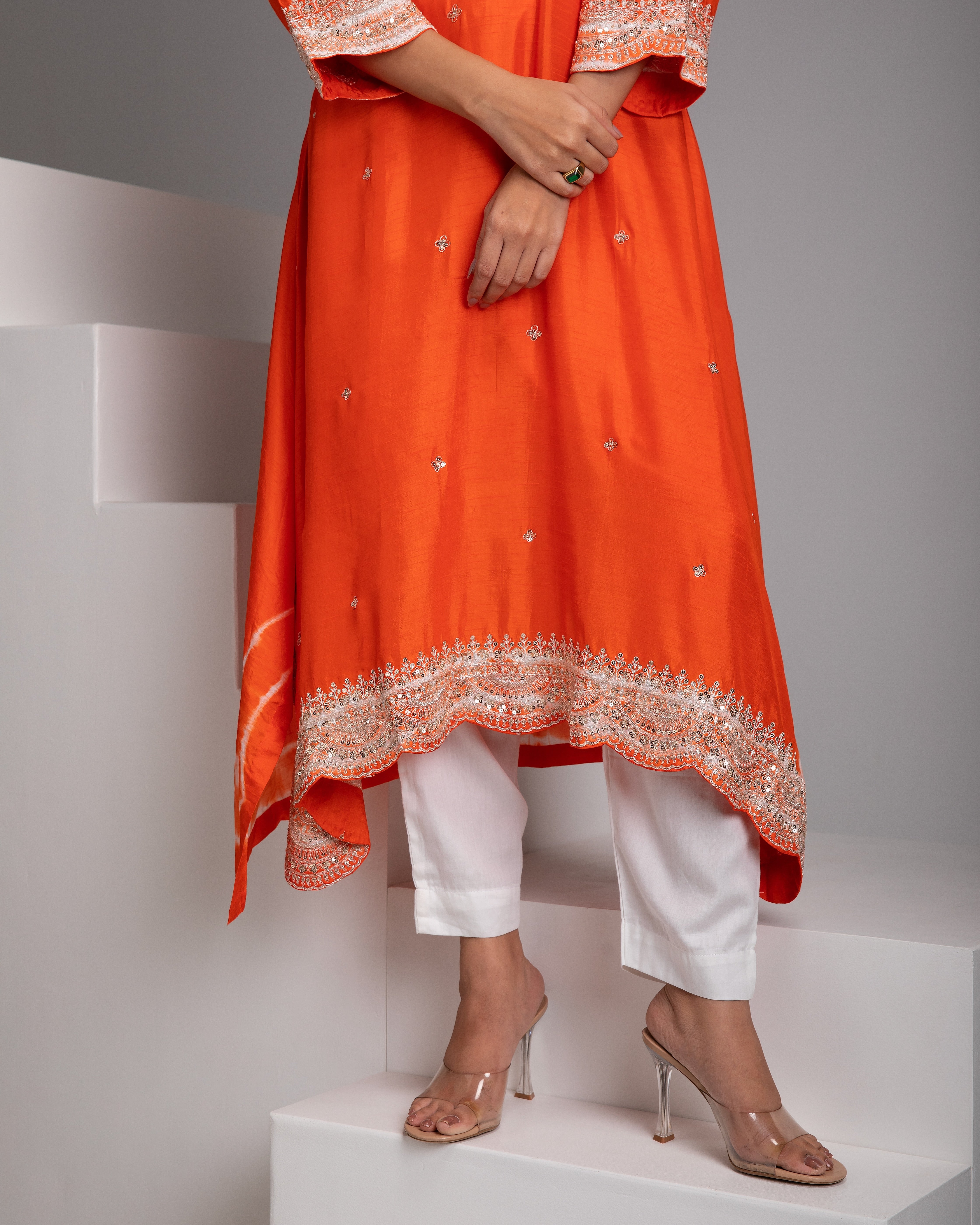 Orange Embroidered Kurta Set - Mokshaa