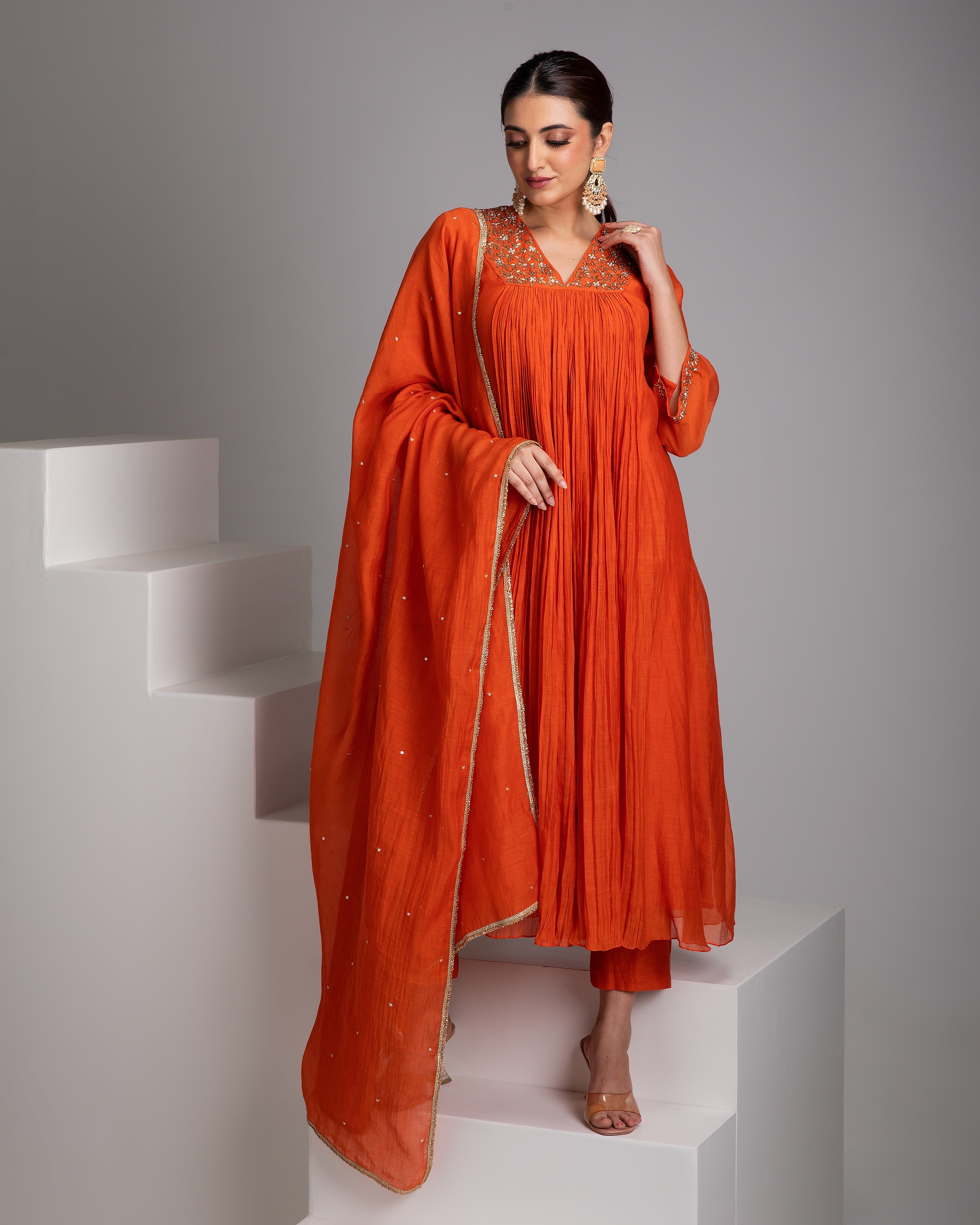 Rust Orange Embellished Anarkali Set - Mokshaa