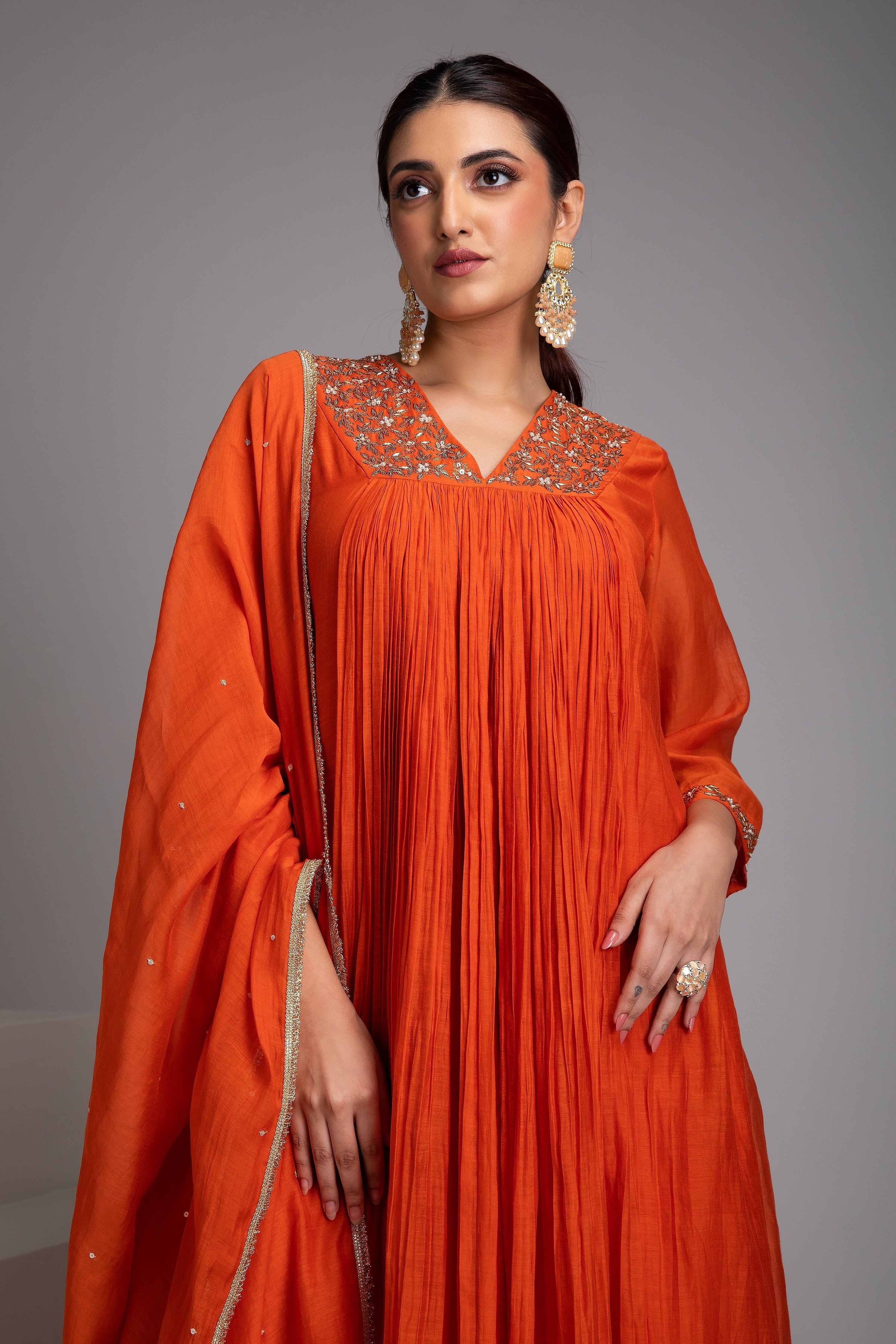 Rust Orange Embellished Anarkali Set - Mokshaa