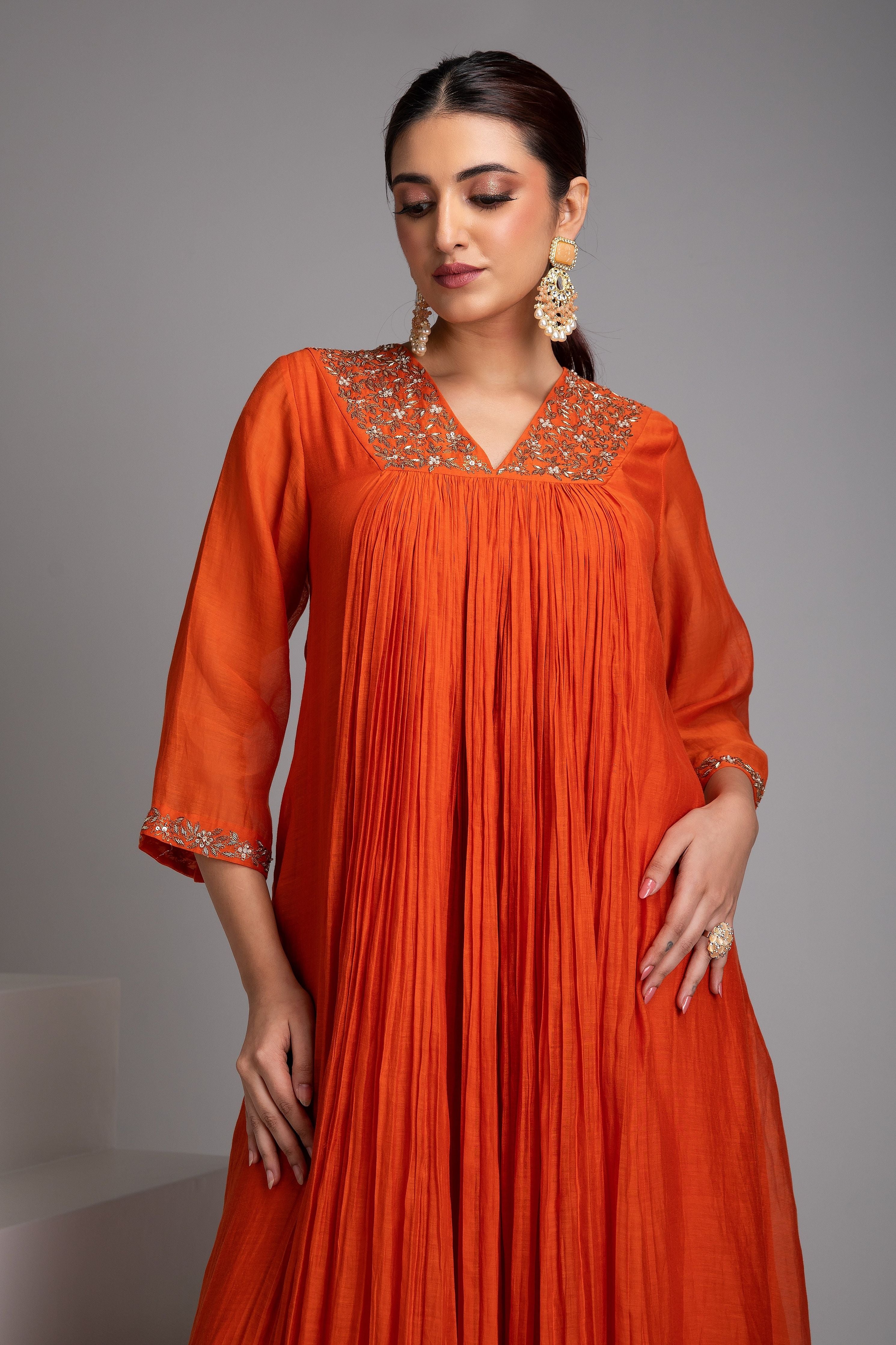 Rust Orange Embellished Anarkali Set - Mokshaa