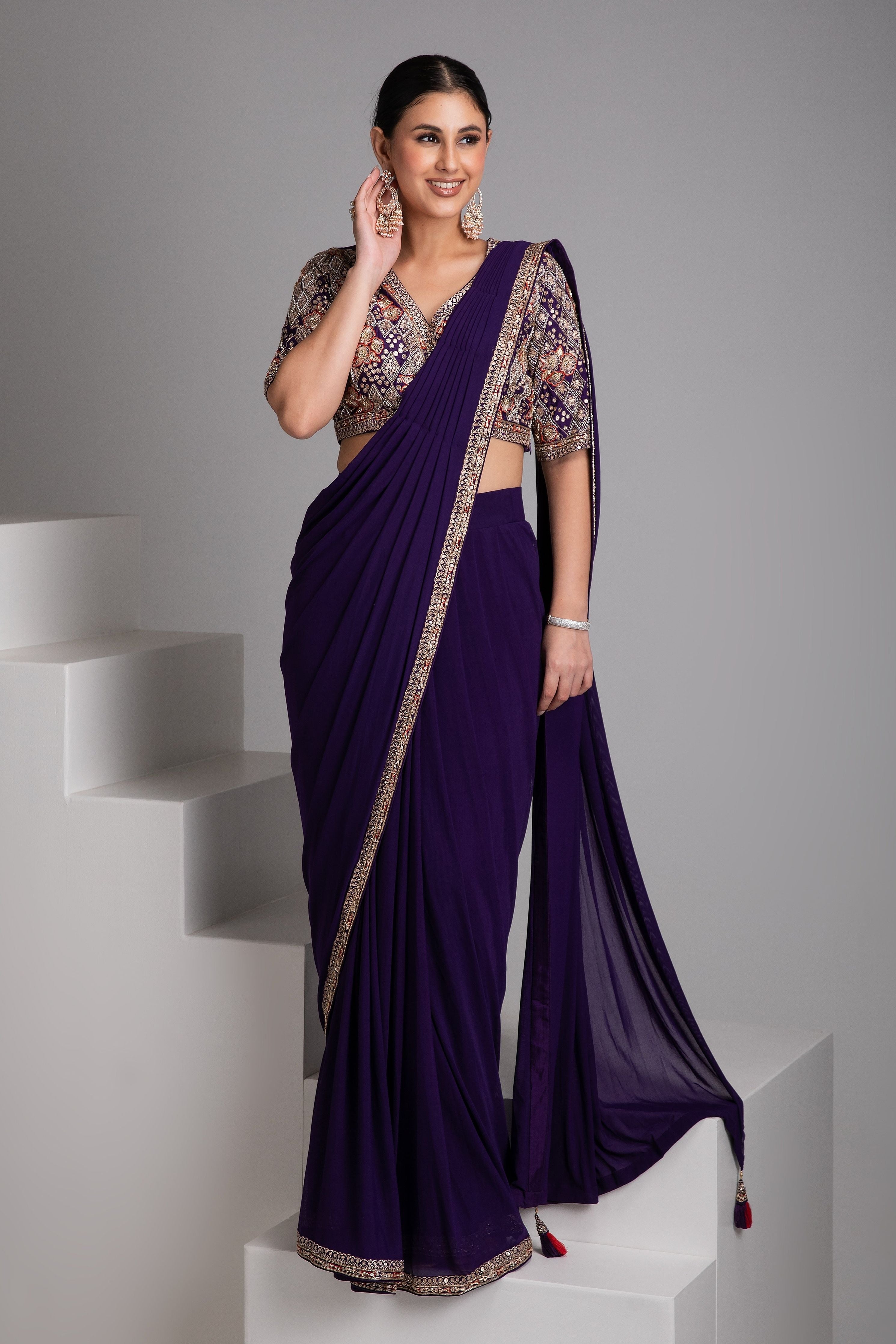 Purple Embellished Drape Saree Set - Mokshaa