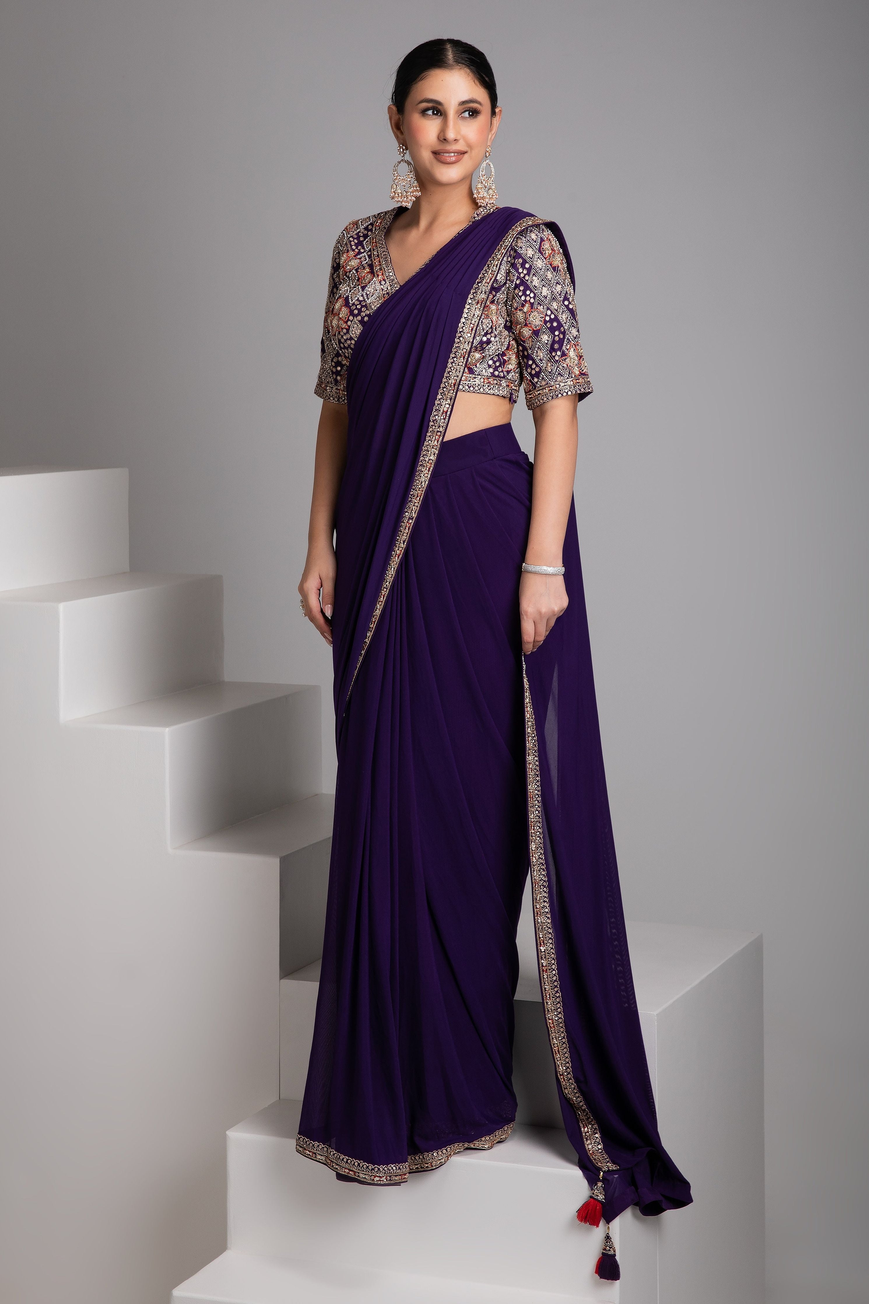 Purple Embellished Drape Saree Set - Mokshaa