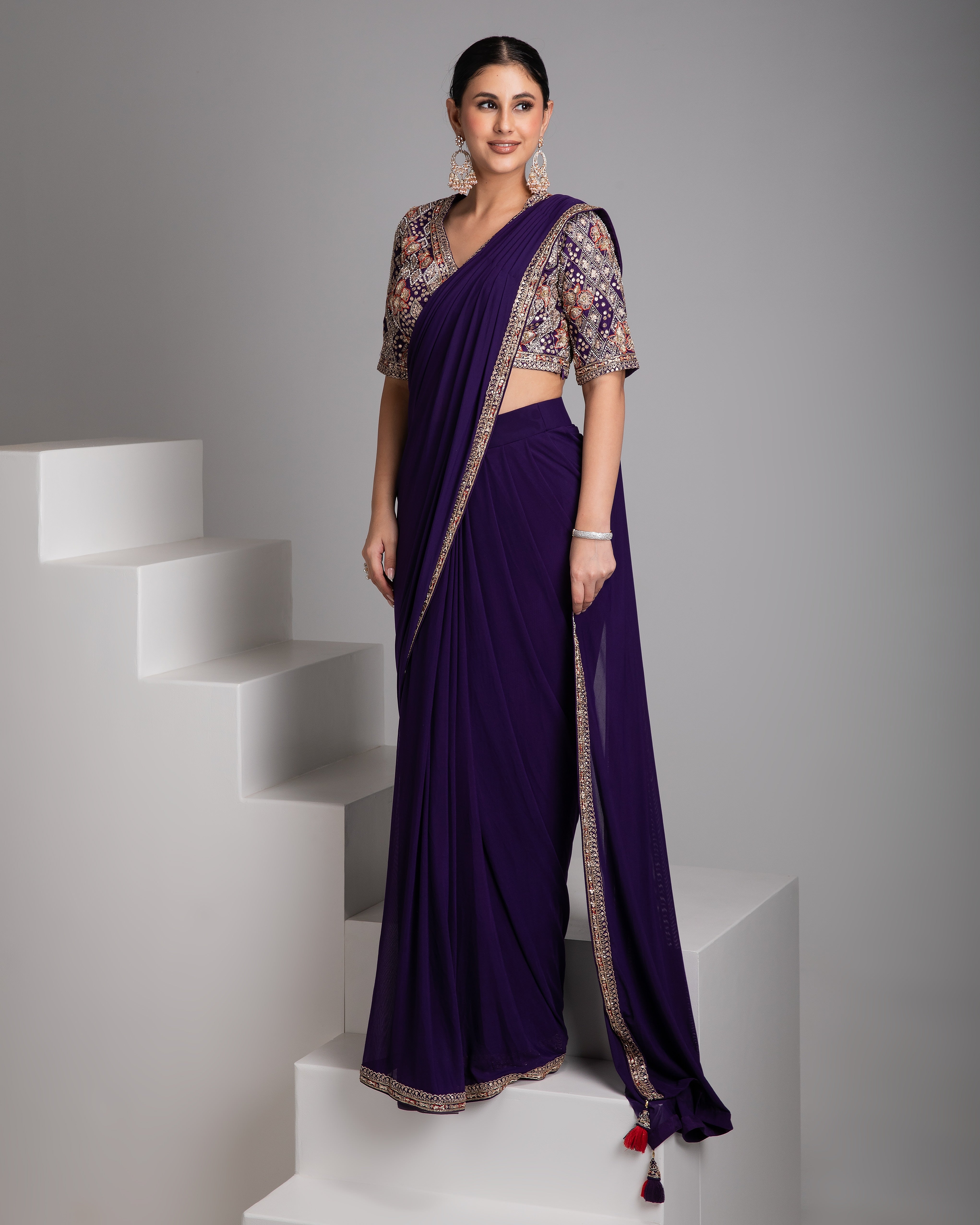 Purple Embellished Drape Saree Set - Mokshaa