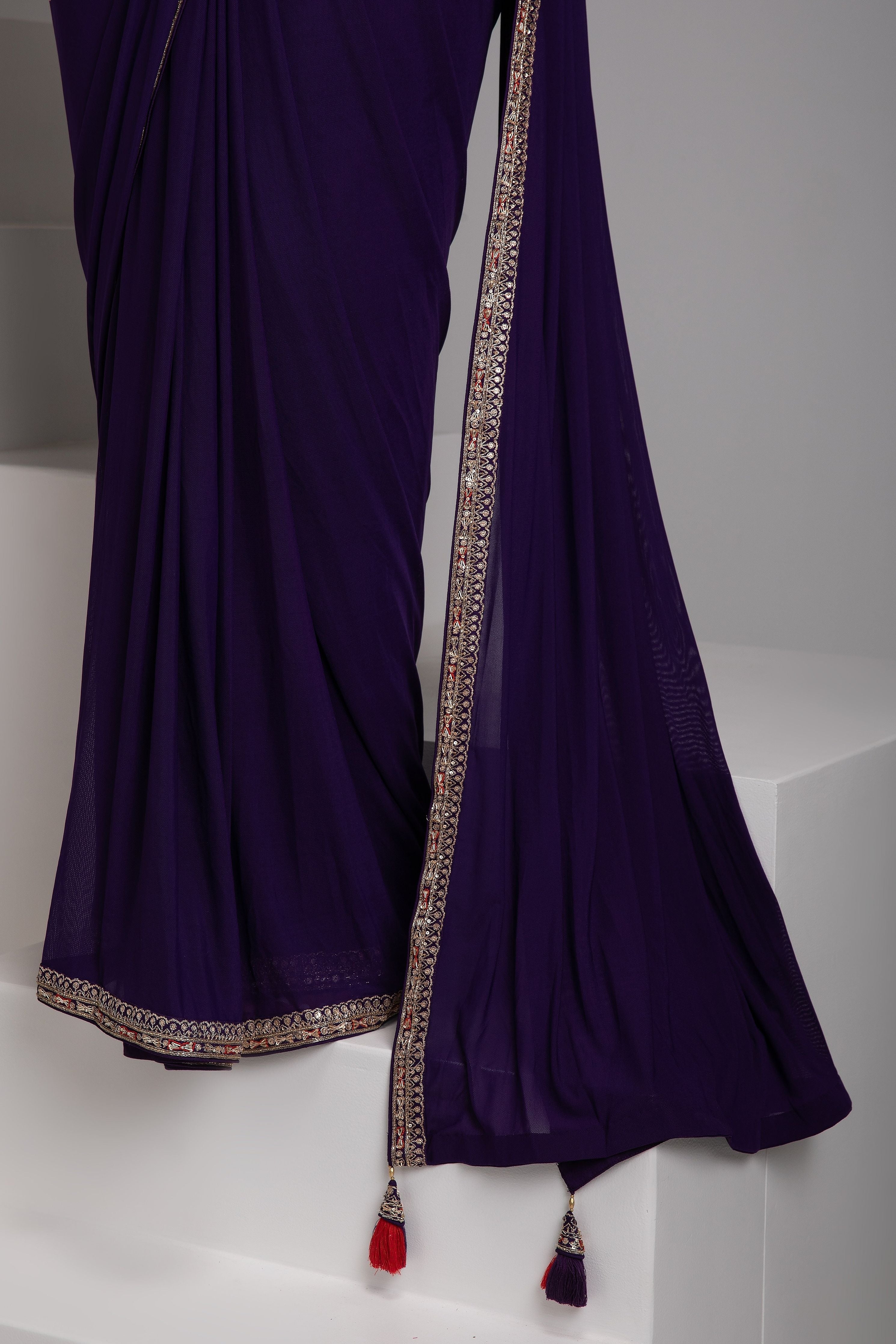 Purple Embellished Drape Saree Set - Mokshaa