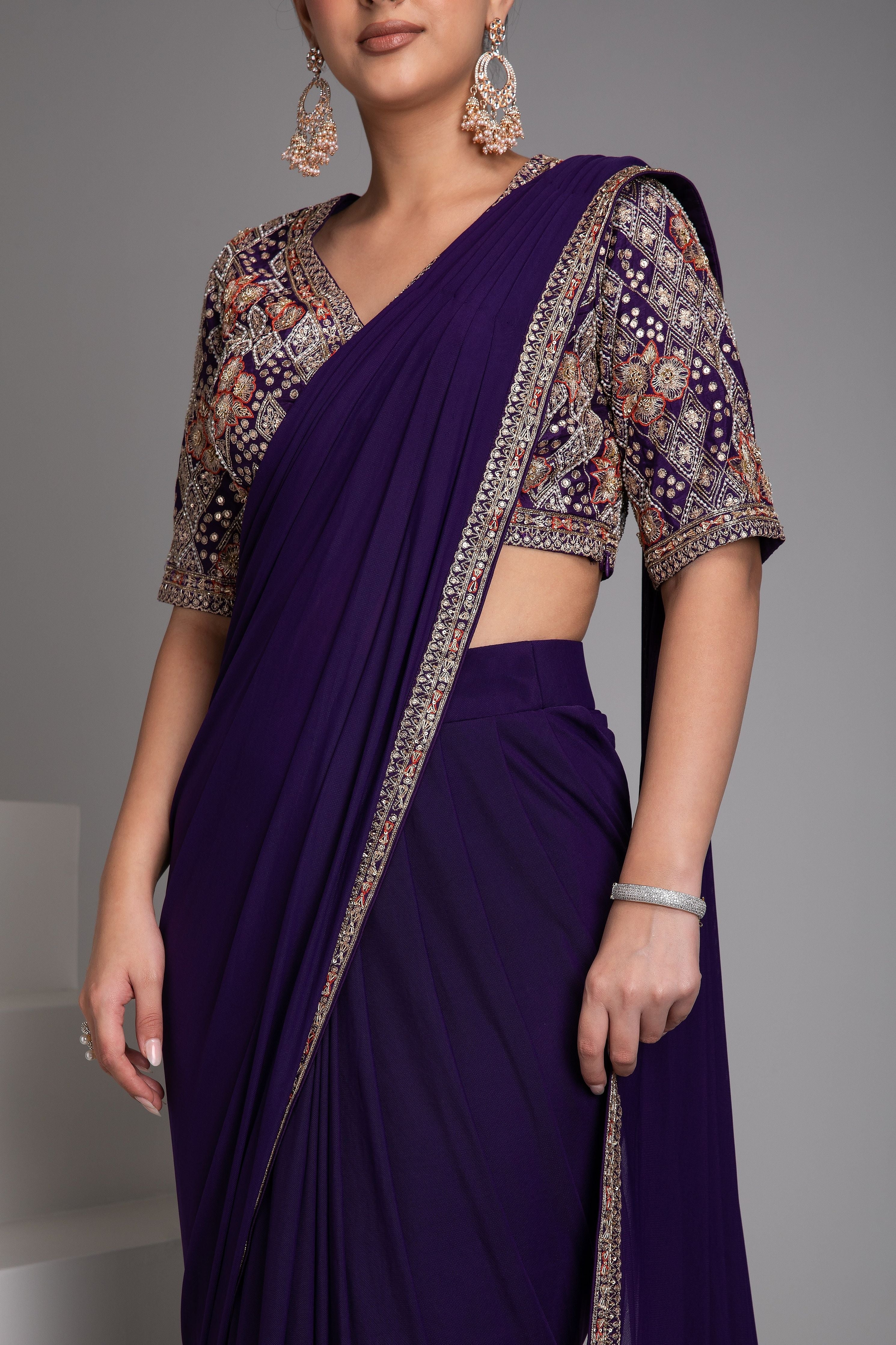 Purple Embellished Drape Saree Set - Mokshaa