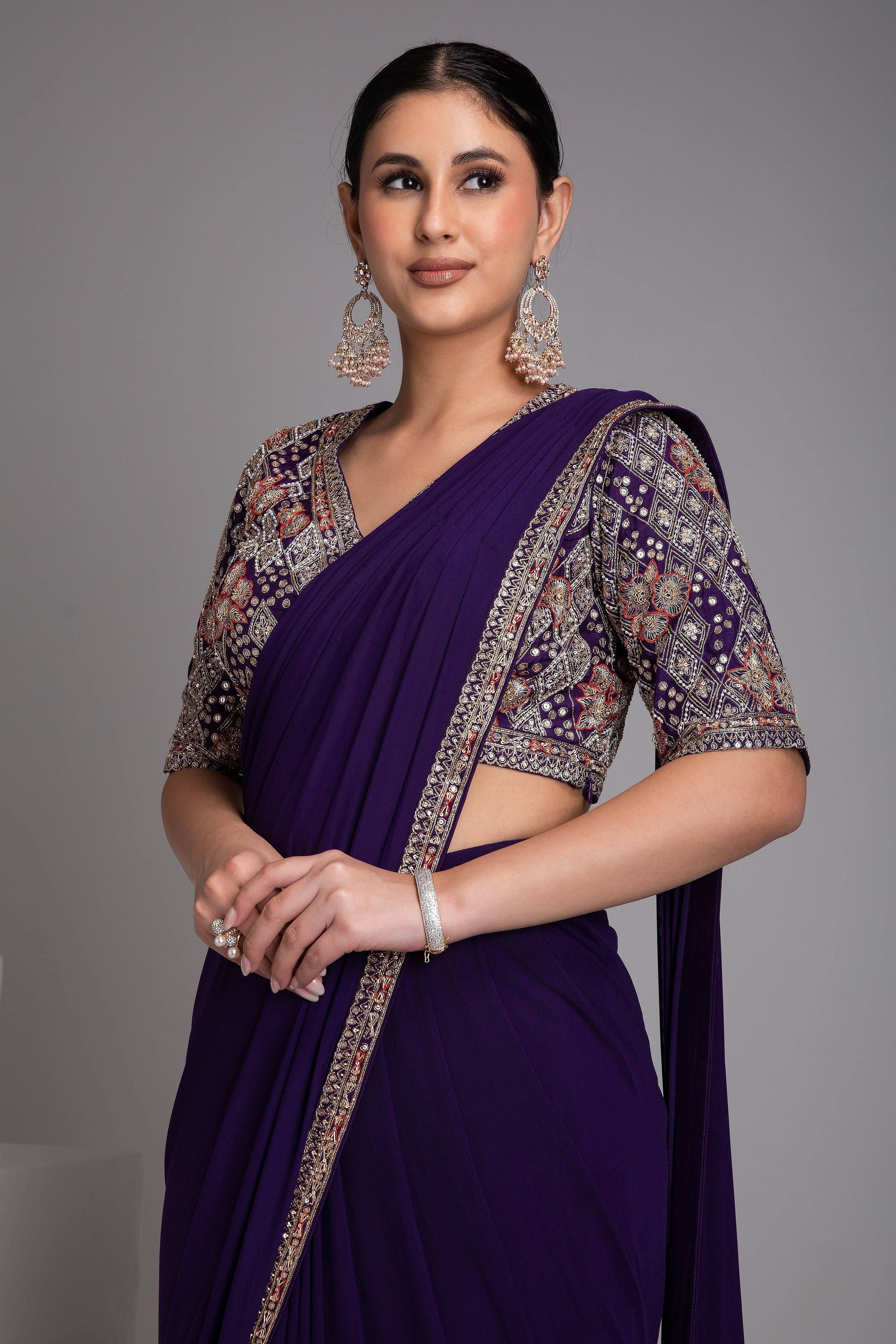 Purple Embellished Drape Saree Set - Mokshaa