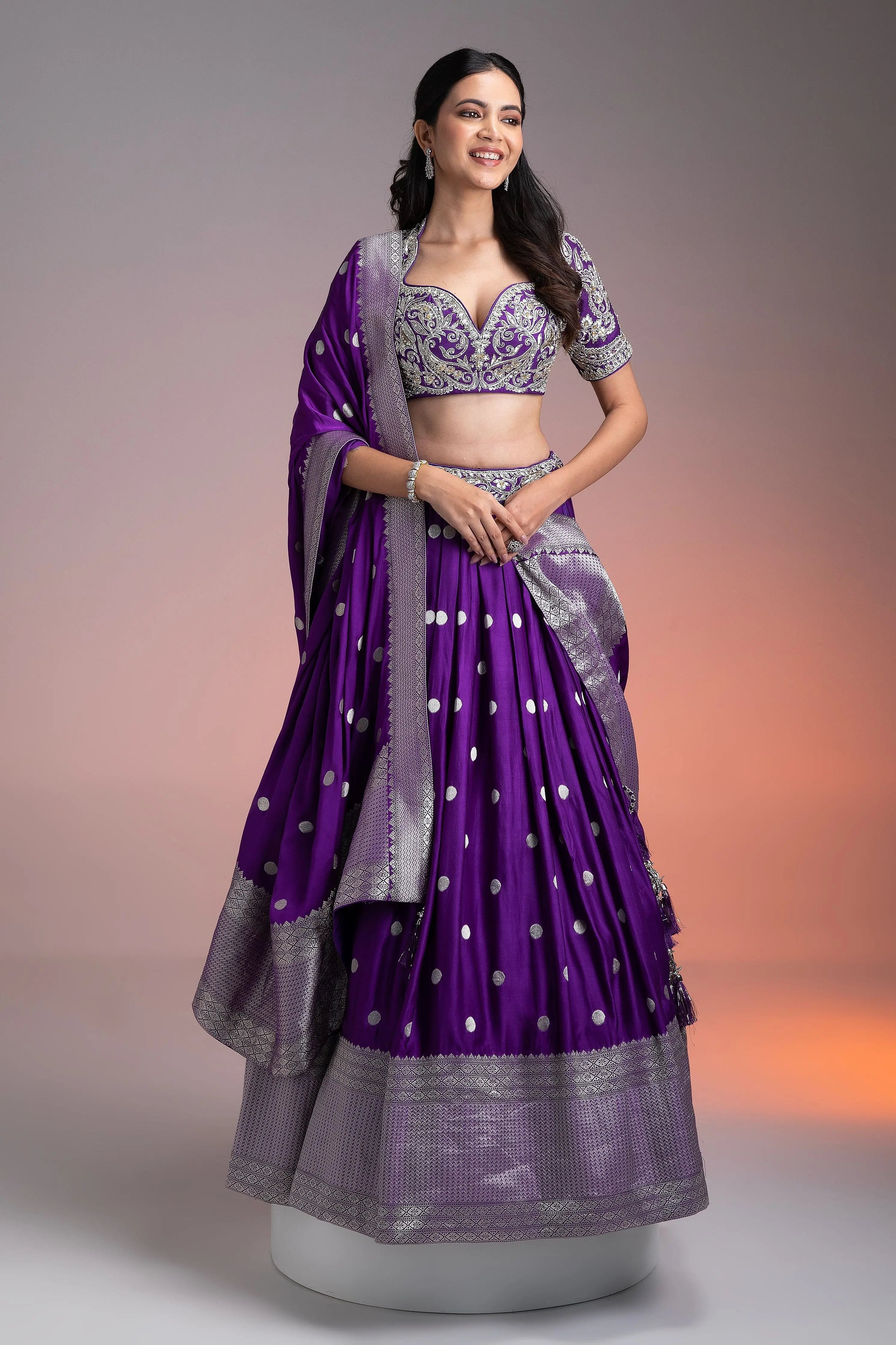 Deep Purple Silk Lehenga with Silver Brocade and Banarasi Dupatta  Mokshaa