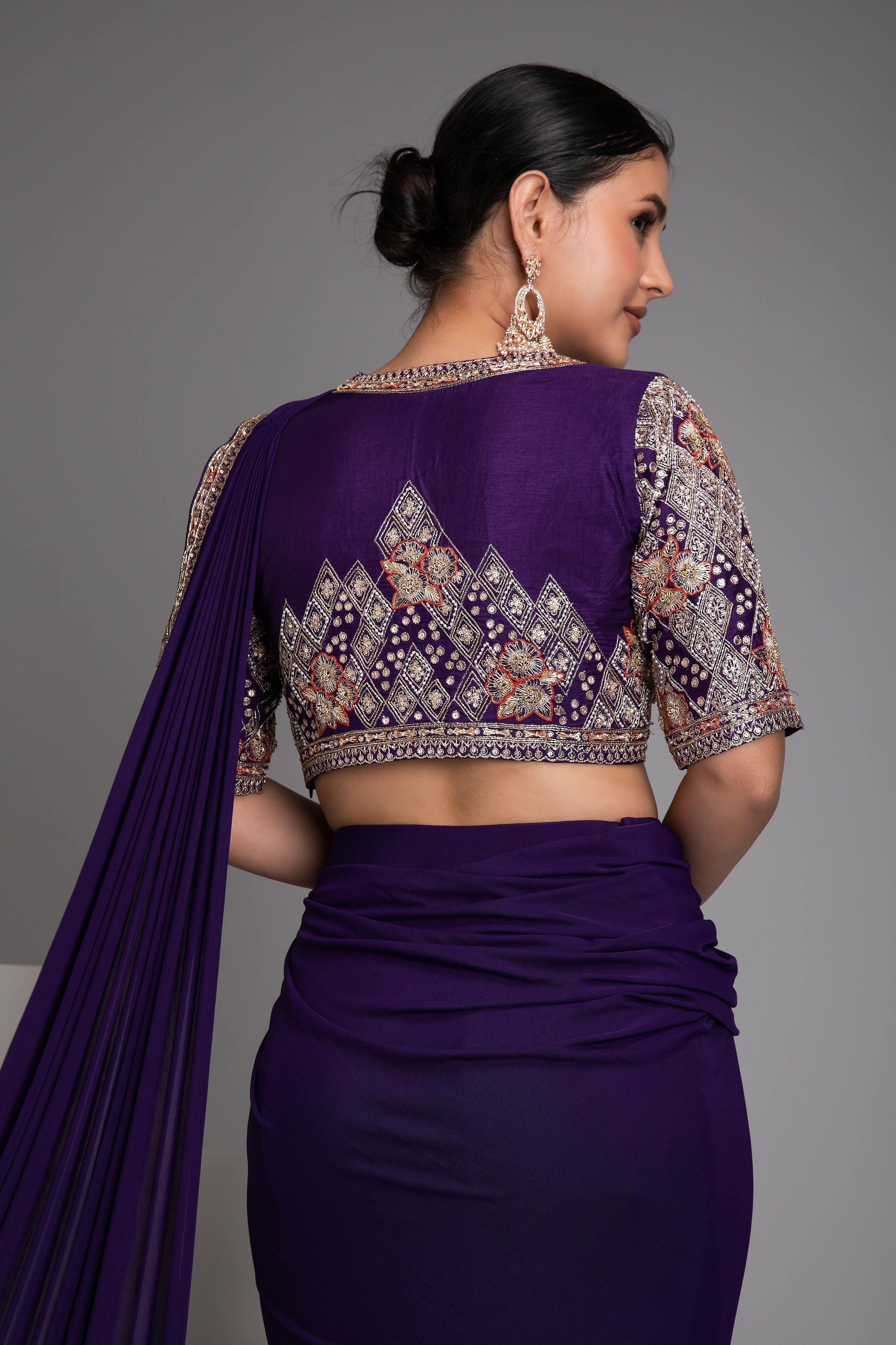 Purple Embellished Drape Saree Set - Mokshaa